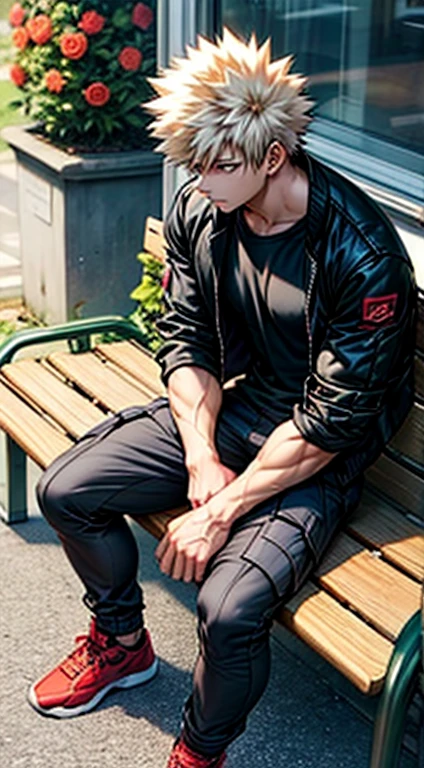 Muscular bakugou katsuki sitting on a public bench holding a bunch of roses, waiting for someone, in white t-shirt, black jacket and cargo pants