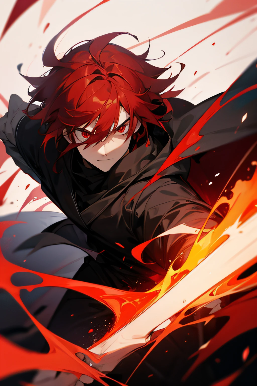 a man with red eyes , red hair and red aura