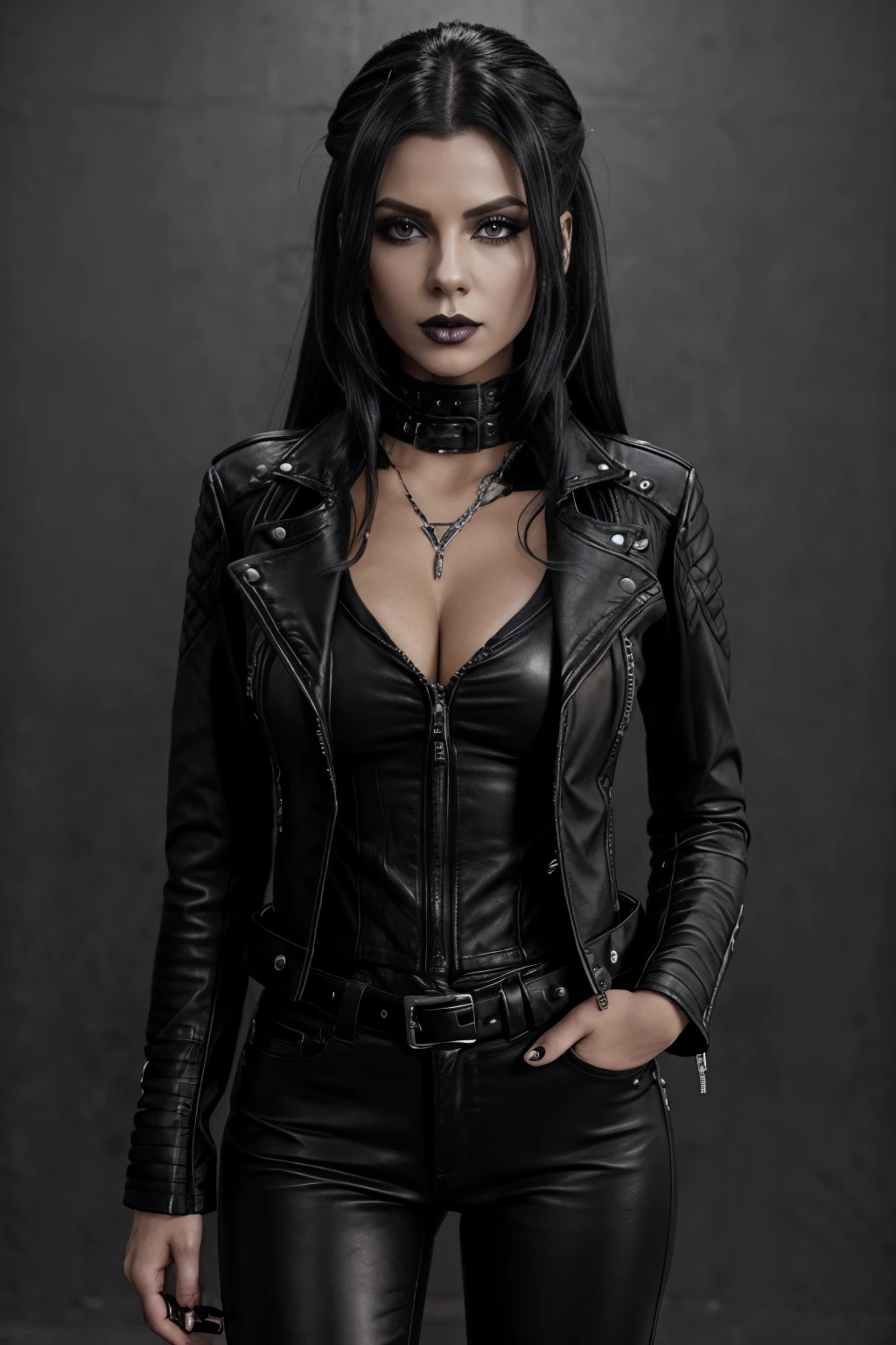 gothic rock lady leather pant and leather jacket, black long hair, blacsk eye, black lips