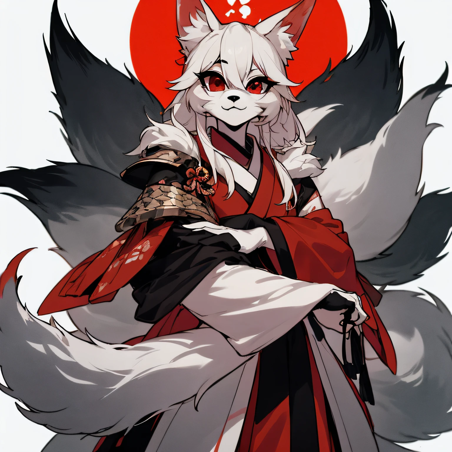 anime girl with red eyes and a red dress, fox nobushi, a beautiful fox lady, kitsune, a beautiful kitsune woman, very very beautiful furry art, female fursona, fursona art, kitsune three - tailed fox, white - haired fox, furry art!!!, gorgeous werefox fursona, kitsune inspired armor, white fox anime