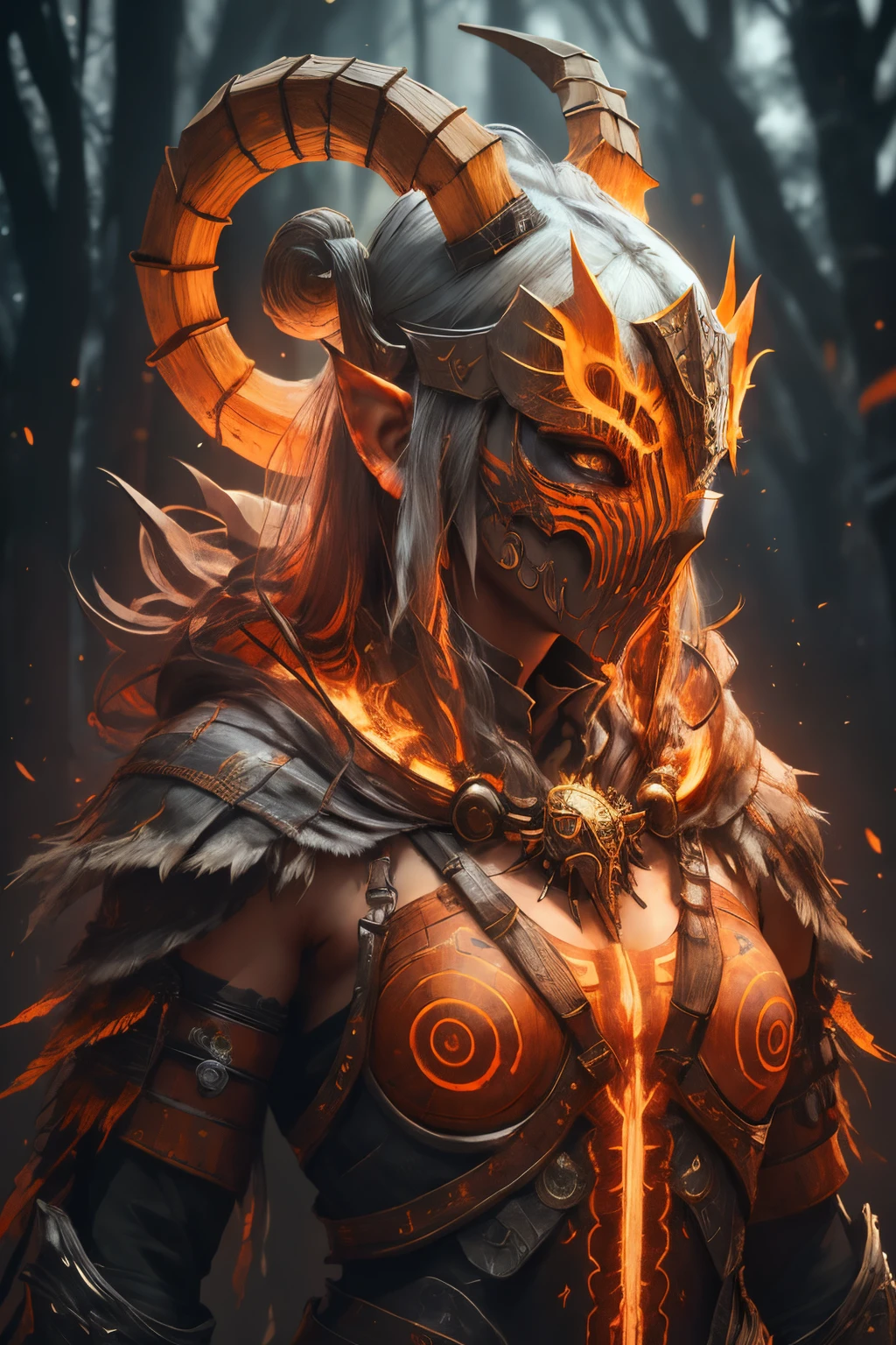 sh4g0d,
girl shaman, wearing mask made of wood, portrait, standing in an s-shape, orange ringlets,