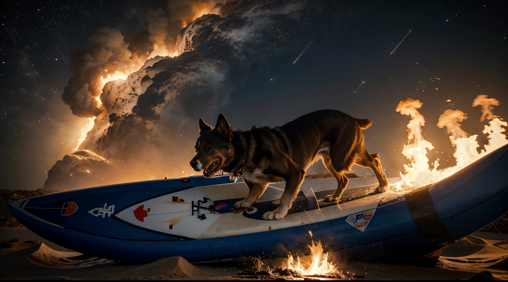 A dog surfing in space with fire around