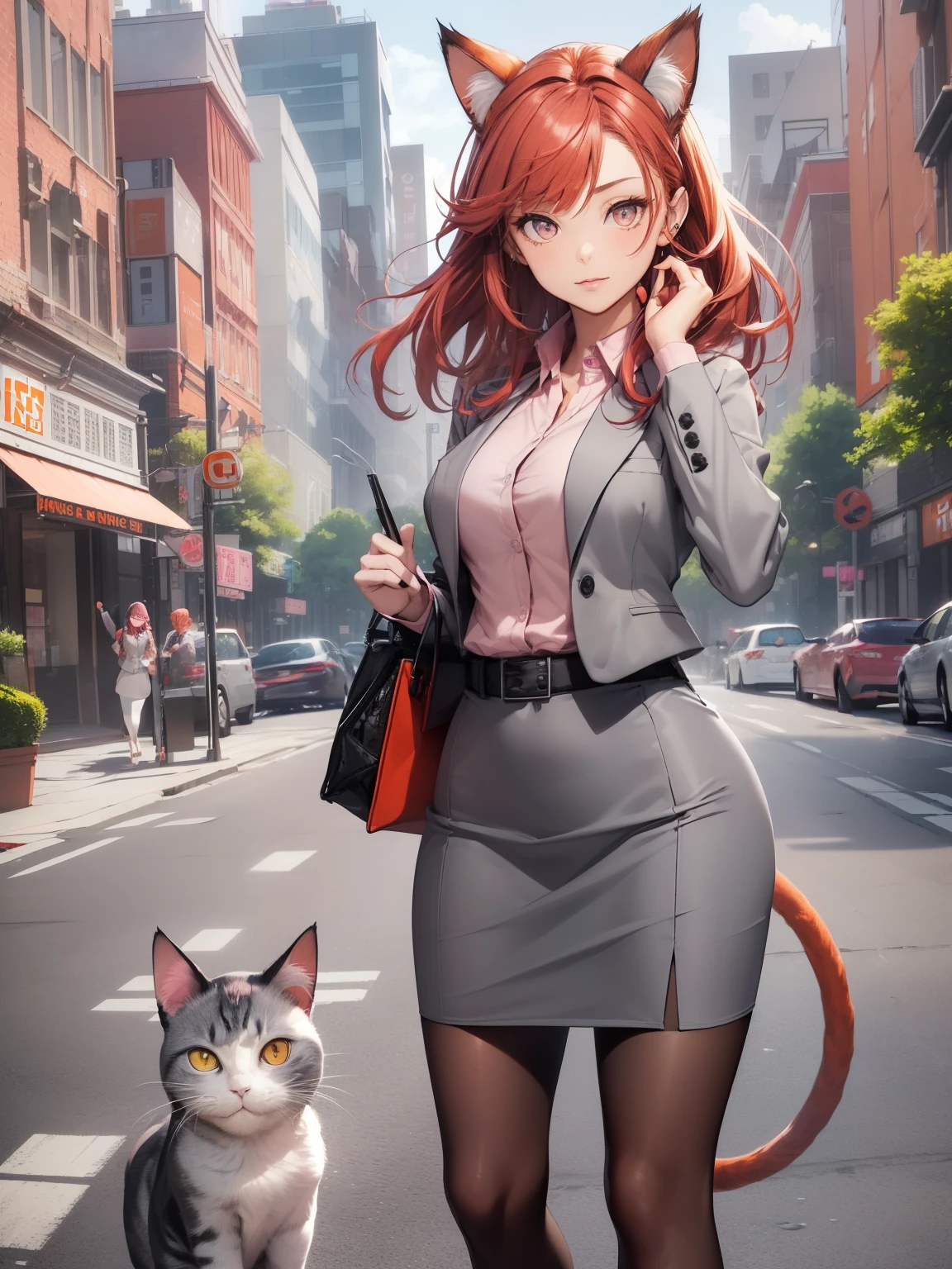 Best Quality, masutepiece, beautiful mature women、Beautiful face、Strong-minded woman、(Officelady、Gray outerwear、Pink cutter shirt、Grey Long Pencil Skirt、Black tights、high-heels:1.5)、(Bright red hair、Red hair、Cat's ears:1.5)、(Brown-eyed、Undersized eyes)、(Bob Heyer、asymmetrical bangs、swept bangs)、(poseing、Model style:1.5)