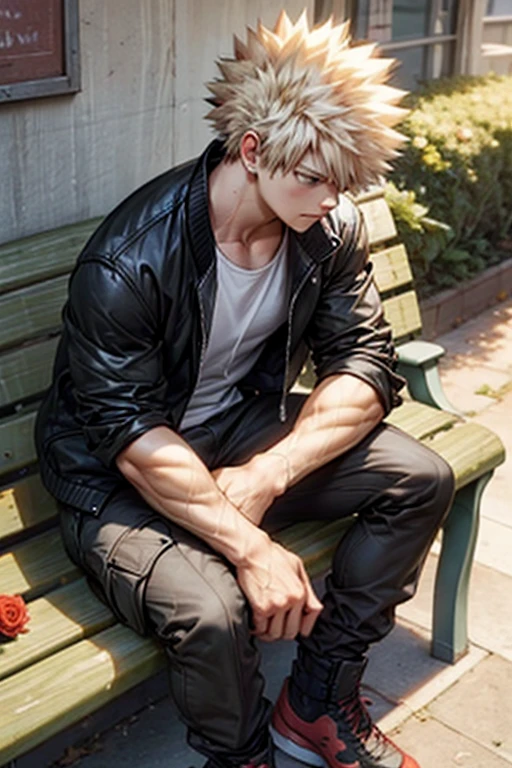 Muscular bakugou katsuki sitting on a public bench holding a bunch of roses, waiting for someone, in white t-shirt, black jacket and cargo pants