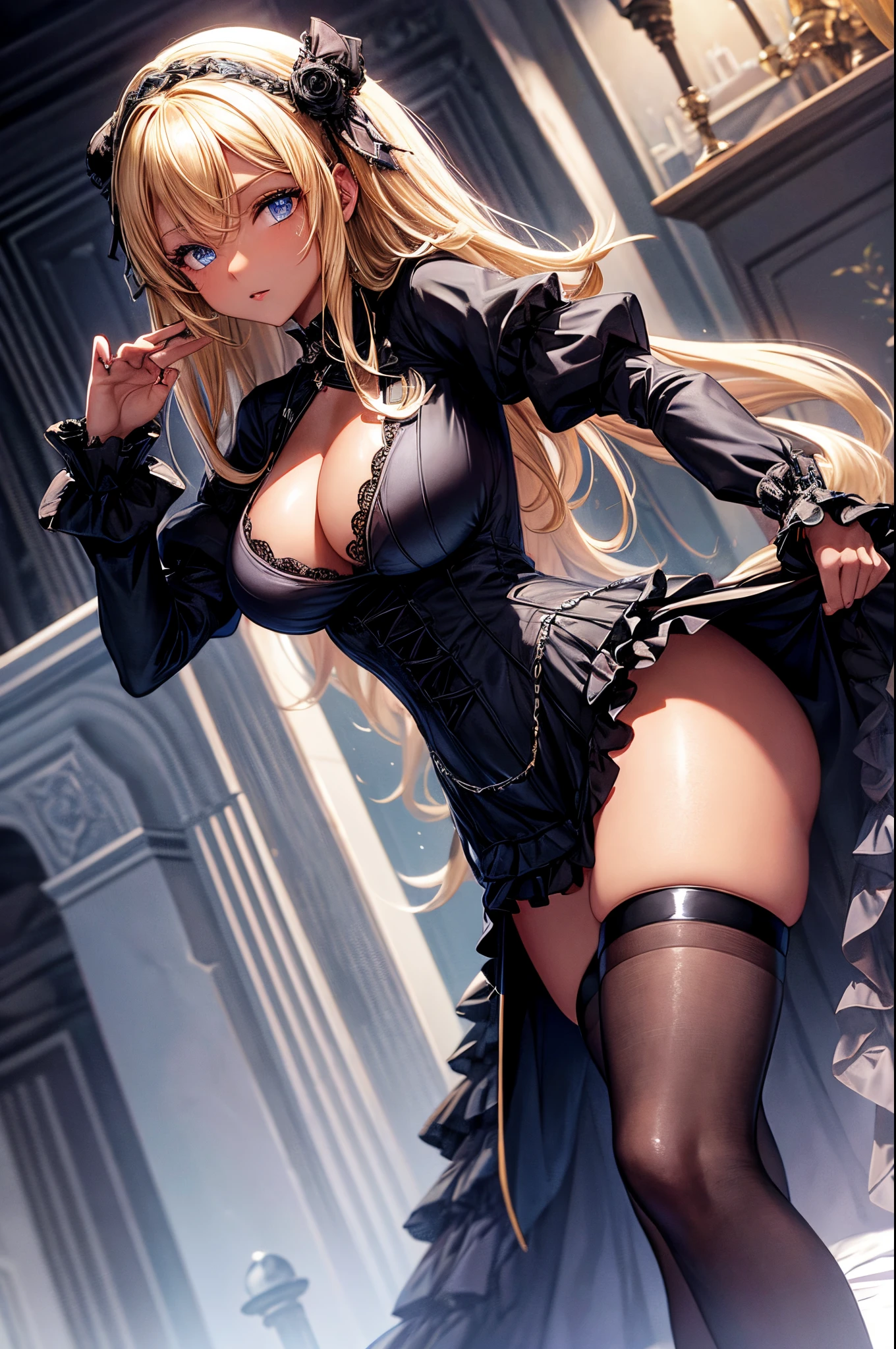 Female,dark brown skin, hime cut Blonde hair, Blue eyes, large breasts, wearing a black goth lolita outfit with a castle's interior as the background