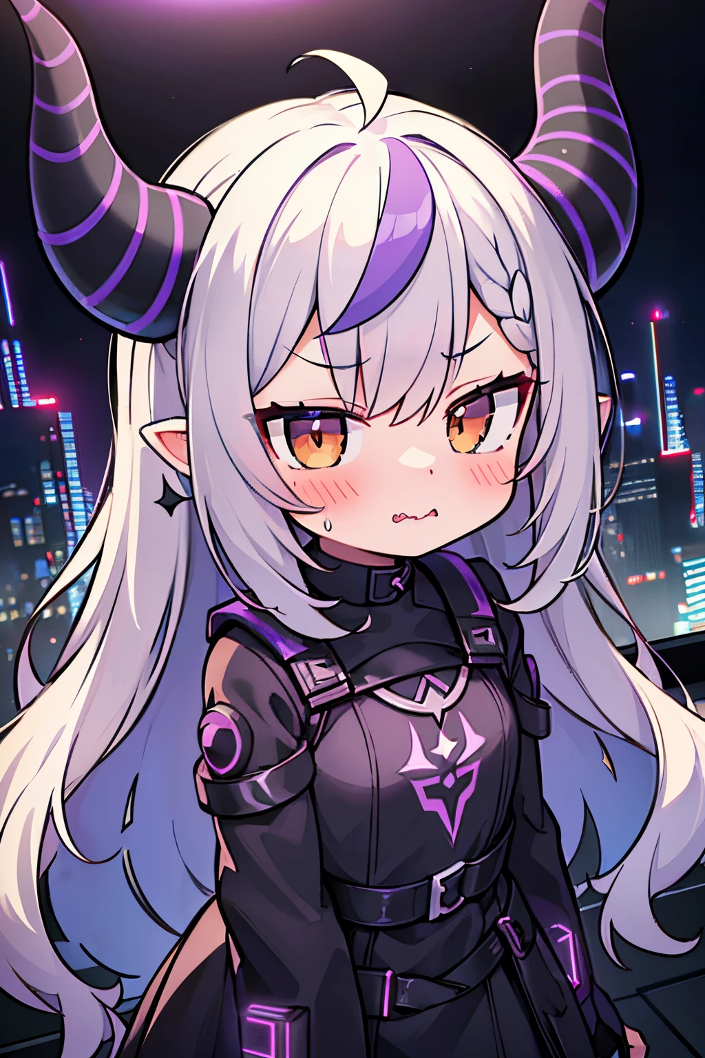 ((Laplus darkness)), ((Masterpiece)), ((wide shot)), (Professional Photography:1.2), very blush, (child), (round eyes:1.2), (wavy mouth:1.3), ((face only close up)), 1girl, slim, slender, silky long hair, (put on devil horns), ((Cyberpunk)), cityscape