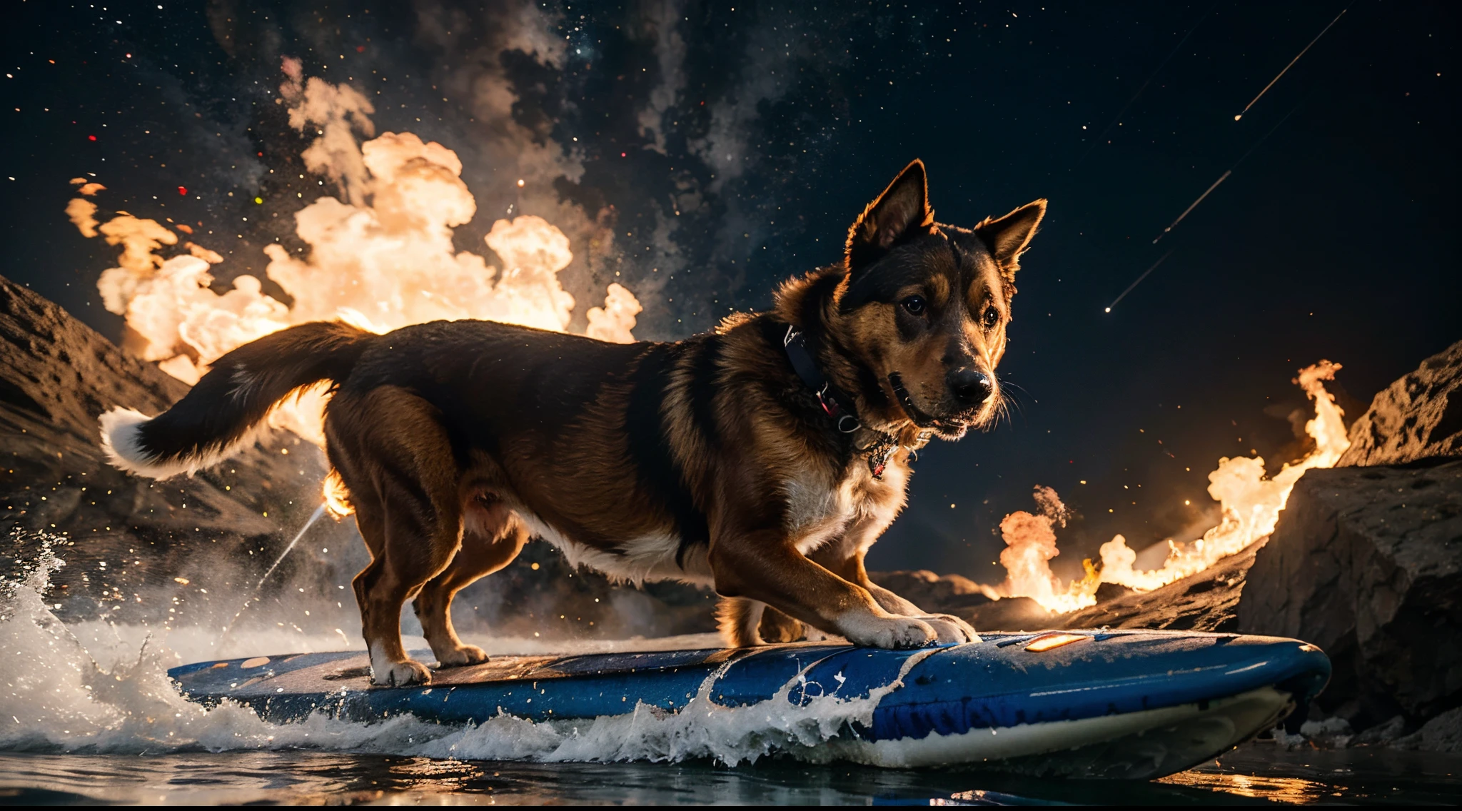 A dog surfing in space with fire around