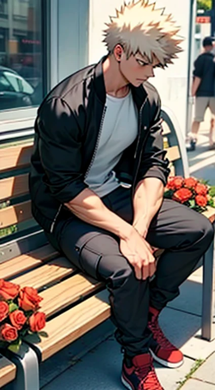 Muscular bakugou katsuki sitting on a public bench holding a bunch of roses, waiting for someone, in white t-shirt, black jacket and cargo pants
