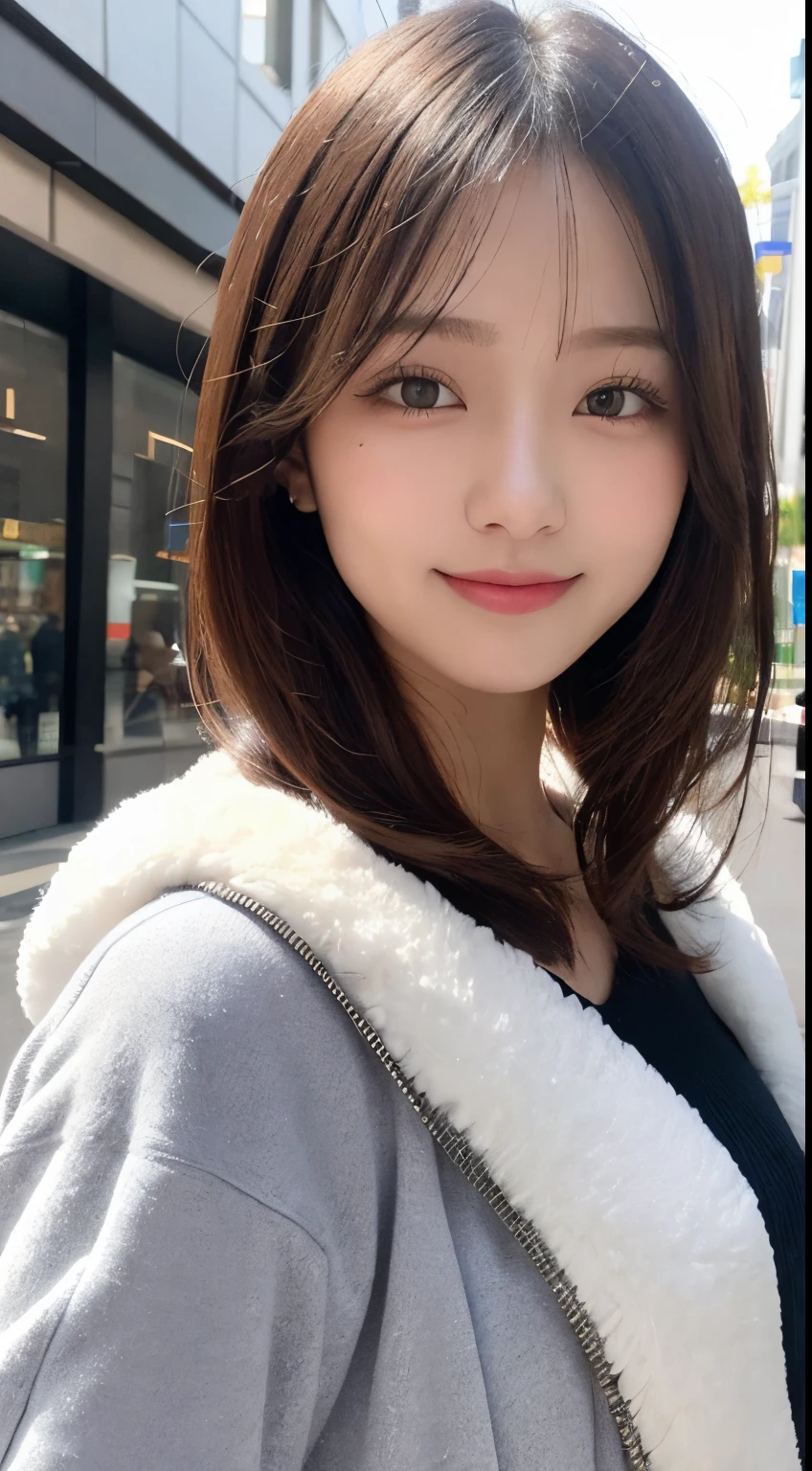 masutepiece, Best Quality, Illustration, Ultra-detailed, finely detail, hight resolution, 8K Wallpaper, Perfect dynamic composition, Beautiful detailed eyes, Women's fashion fluffy winter clothes,Bob Hair,mid-chest, Natural Color Lip, Bold sexy poses,Smile,Harajuku、20 years girl、Cute、Sexy shot looking at camera,Raw photo,perfect and beautiful face and fingers