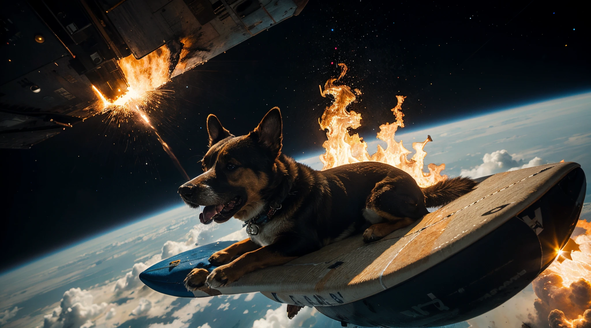 A dog surfing in space with fire all around
