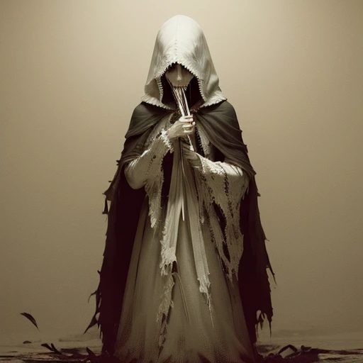 Ghost, old woman, witchy, wrinkled face, pale skin, dirty gray hair, Horror ghost, ghost in dress, dark ghost, evil ghost, ghost woman, Emma Watson, grey dress, sharp teeth, knife in hands, torn clothes, Old dress, Blank black eyes, grey colored hair, sharp teeth, bone neck, Creepy Face, Dark souls, Teeth needles, White Skin Skin, vertebral bones of the neck, ripped clothes, Old clothes, torn rags, ressed in a black and white costume standing in the dark, white scary skin, the reaper as a scary,  dark hooded wraith,  dark soul concept art, dark souls character, torn fabric, scraps of clothing, Ghost in torn robes, Girl in torn clothes, gray hair, white colored hair, long gray hair, Dead Creepy Face, Teeth are like needles, opened mouth, serrated knives, sharp knives, knives in hand, Phantom knives