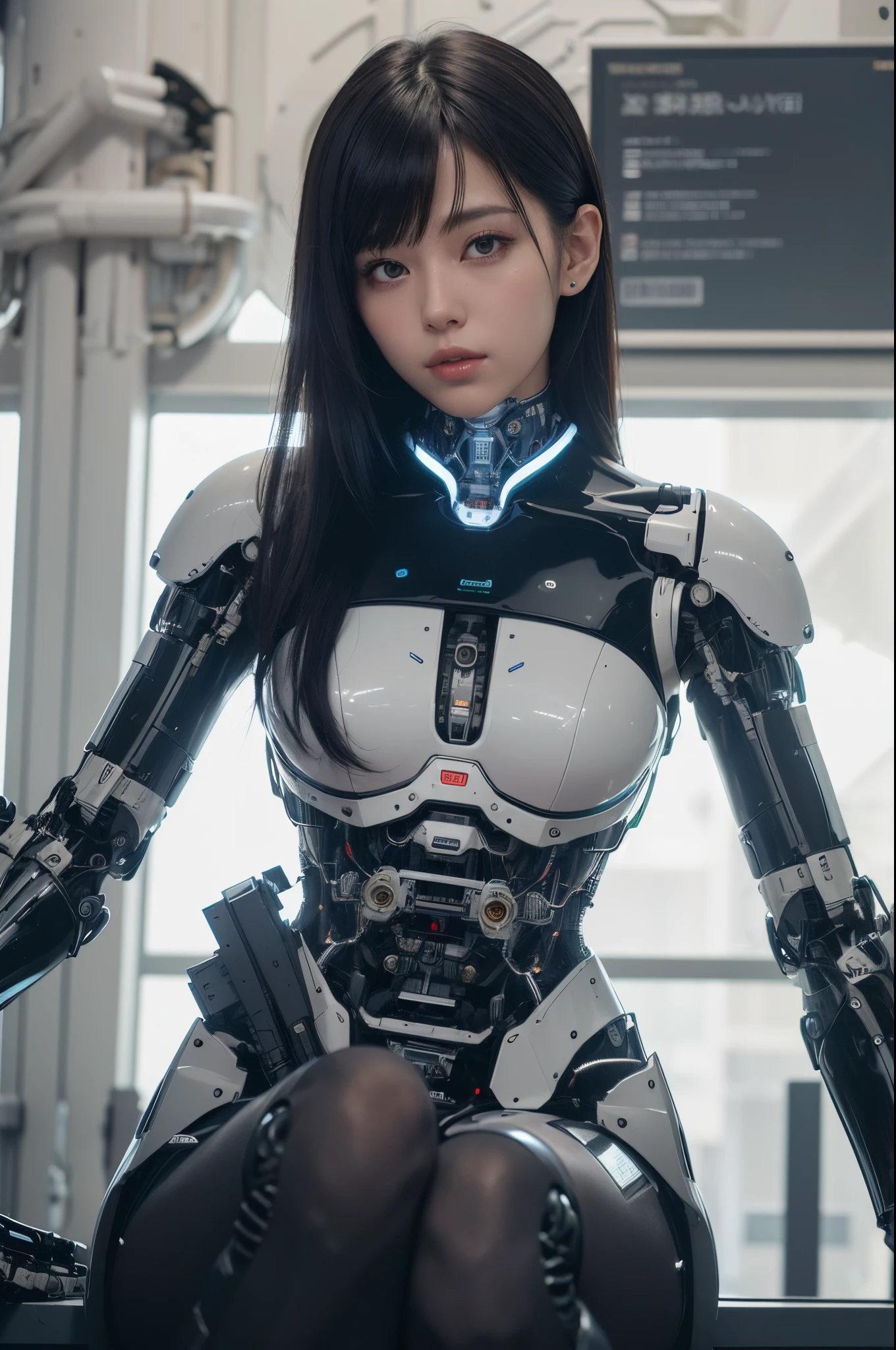 masterpiece, best quality, extremely detailed, (photorealistic:1.4), (RAW photo) (RAW photo) (8K, 4K, Best Quality, hight resolution, 超A high resolution:1.1), (masutepiece, Realistic, Photorealsitic:1.1), 1girl in, Japaese Cyborg woman,Plump , control panels,android,Droid,Mechanical Hand, Robot arms and legs, Black Robot Parts,Black hair,Mechanical body,Blunt bangs,White robotics parts,perfect robot girl,future information counter,reception,long tube,thick cable connected her neck,ceramic body ,mechanical body, ear antenna,mechanical ear cover, loose boots,android,robot,humanoid,cyborg,information office,japanese android receptionist ,mechanical chest,full eyes,dark black tights