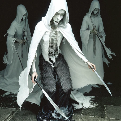Ghost, old woman, witchy, wrinkled face, pale skin, dirty gray hair, Horror ghost, ghost in dress, dark ghost, evil ghost, ghost woman, (Emma Watson), grey dress, sharp teeth, knife in hands, torn clothes, Old dress, Blank black eyes, grey colored hair, sharp teeth, bone neck, Creepy Face, Dark souls, Teeth needles, White Skin Skin, vertebral bones of the neck, ripped clothes, Old clothes, torn rags, ressed in a black and white costume standing in the dark, white scary skin, the reaper as a scary, dark hooded wraith, dark soul concept art, dark souls character, torn fabric, scraps of clothing, Ghost in torn robes, Girl in torn clothes, gray hair, white colored hair, long gray hair, Dead Creepy Face, Teeth are like needles, opened mouth, serrated knives, sharp knives, knives in hand, Phantom knives