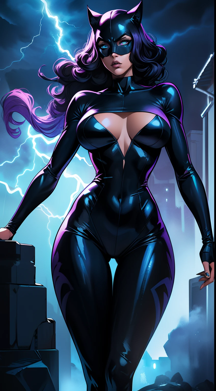 illustration, 4K UHD illustration, upscaled professional drawing HDR, from DC comics in dynamic pose, full body image (:1.8) stunningly beautiful woman, intense blue eyes, eyebrows tanned skin tone, detailed catwoman mask, gloss black form fitting full length bodysuit, full lips, lips parted looking-into-camera, glowing lightning in background, swirling smoke eminating from fingertips, abandoned dojo background, detailed night time, thunderstorm atmosphere, glowing blue eyes emitting eeire spectral glow, purple lightning thunderstorm in background, 300dpi, masterpiece style, painting style, stroke style in a dark background,watercolor, charcoal, pen & Ink, tshirt design style, aesthetic for Tshirt design, darktone