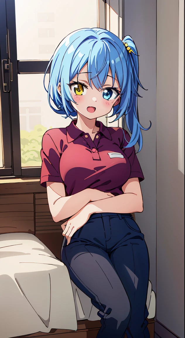(masutepiece, Best Quality, Perfect Anatomy, High quality:1.4), nice hand, Perfect hands, Detailed beautiful hands, Large_filesize, fulcolor, hight resolution, symmetric, exceptional, Best aesthetic, newest, Anime, Very beautiful detailed body BREAK,
1 beautiful girl, 1 person,Solo,(Cute:1.5),(Chibi:0.6),(kawaii:1.5),(Lori:0.5),(17 years old girl),Very detailed,colourfull,highest details,Clear skin,Beautiful skin,Shy,Very detailed,colourfull,highest details,Clear skin,Beautiful skin,Shy skin,1 beautiful girl,{Heterochromia,Yellow eyes:1.9},star eye silhouette, BREAK,(pale blue hair, Medium length:1.4),(Side Ponytail,A little curly hair,Single-sided twisted blade,Princess Cut:1.3),(cleavage of the breast,Large breasts,Beautiful , gleaming skin,Clear skin, Beautiful skin,(best quality face),(Top quality glowing eyes), (The best smile,Doya face:1.45), BREAK (Pink Theme:1.4),
((caregiver theme:1.4)), (Black chinos:1.4), (red polo shirt:1.4),(Black sneakers:1.35),
BREAK,(morning), inside in room,Gothic bedroom, a canopy bed,huge window,naked girl poster,coke,on back, tusk, Open mouth, Looking away,depth of fields,
BREAK,wakame,wakame,wakame,(Cowboy Shot:1.4),
BREAK,(Blurry background:1.3),(absurderes, hight resolution, Super Detail Art),cel shading,Clear Color, Lonely optical effect, Beautiful pictures, Bright glow, mystic atmosphere,(Close-up of girl:1.1), Mystical light particle effect,manga influence, clean line drawings,