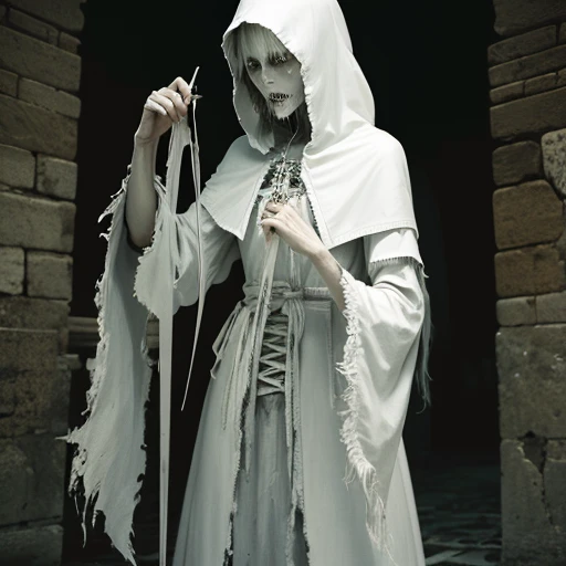 Ghost, old woman, witchy, wrinkled face, pale skin, dirty gray hair, Horror ghost, ghost in dress, dark ghost, evil ghost, ghost woman, (Emma Watson), grey dress, sharp teeth, knife in hands, torn clothes, Old dress, Blank black eyes, grey colored hair, sharp teeth, bone neck, Creepy Face, Dark souls, Teeth needles, White Skin Skin, vertebral bones of the neck, ripped clothes, Old clothes, torn rags, ressed in a black and white costume standing in the dark, white scary skin, the reaper as a scary, dark hooded wraith, dark soul concept art, dark souls character, torn fabric, scraps of clothing, Ghost in torn robes, Girl in torn clothes, gray hair, white colored hair, long gray hair, Dead Creepy Face, Teeth are like needles, opened mouth, serrated knives, sharp knives, knives in hand, Phantom knives