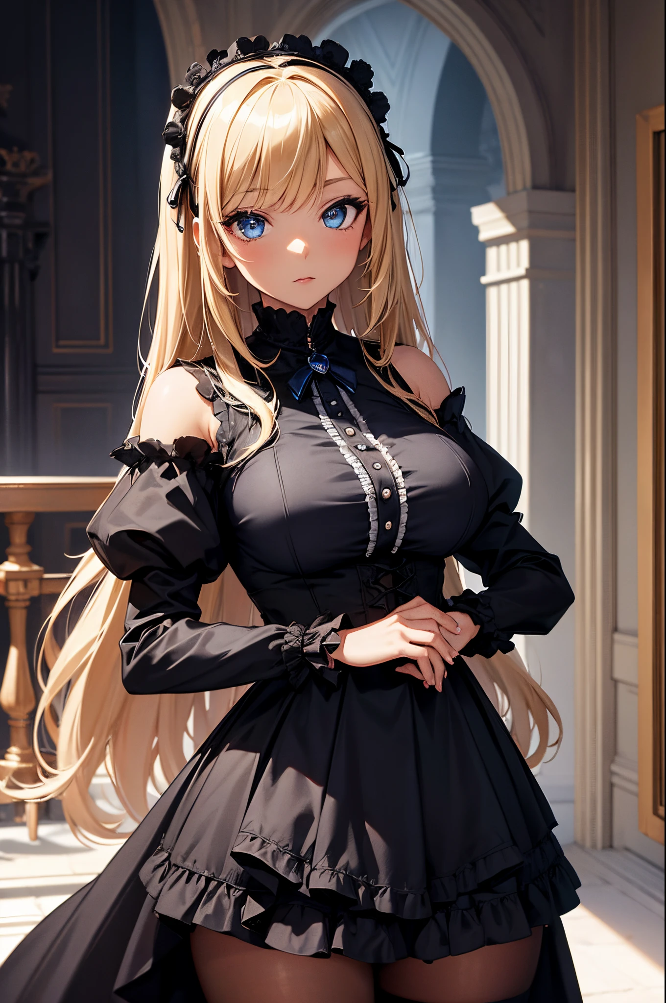 Female,dark brown skin, hime cut Blonde hair, Blue eyes, large breasts, wearing a black goth lolita outfit with a castle's interior as the background