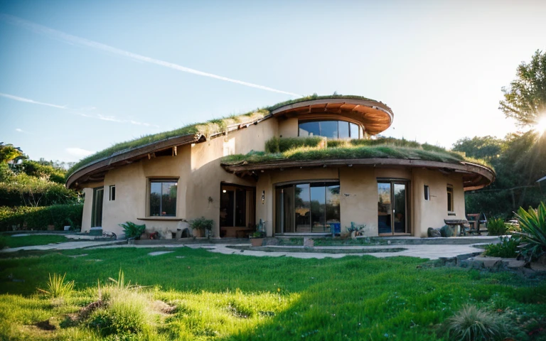 A photograph of a symmetrical contemporary house with (((one hyperbolic paraboloid green roof))) and (((biological pool))) and ((base wall foundation)) in a tropical backyard, mustard yellow terracota plaster walls (((rustic clay stucco))), ((corner walls rounded)), ((rustic clay plaster)), (((terracotta walls with rounded corners, organic curves))), (((rustic earth plaster, mud))), (((hyperbolic-shaped green roof with wooden edge))), (((wooden roof structure, wooden rake, wooden fascia board))), eaves, ((roof with wooden structure)), In Bahia (((tropical garden))), ((natural houses, organic buildings, organic architecture)), ecovillage, sustainable architecture, bioconstruction architecture, solarpunk architecture, (((grass roof, green roof, green wave roof, rounded roof, vegetated roofs))), (((rock base foundation wall, foundation height 30cm, stone base wall 30cm high))), ((green architecture)), passive house, clear sky in the background, painful beauty, modern, imposing, green house, ((Bali hobbit Hadid Style)), super resolution, cinematic, color grading, editorial photography, photography, photo shoot, (((dramatic front eye top angle view))), O 50mm, depth of field, intricate details, natural colors, sharp focus, warm light, shutter speed 1/1000, F/22, White Balance, Ray Trace Reflections, Lumen Reflections, Screen Space Reflections, Diffraction Rating, Chromatic Aberration, GB Shift, Partial Lighting, Backlighting, Daylighting, Scan Lines, ambient occlusion, antialiasing, shaders, OpenGL-Shaders, GLSL-Shaders, Post-processing, post-production, shading, tone mapping, incredibly detailed and complex, hypermaximalist, elegant, hyperrealistic, super detailed, dynamic pose, Fujifilm XT