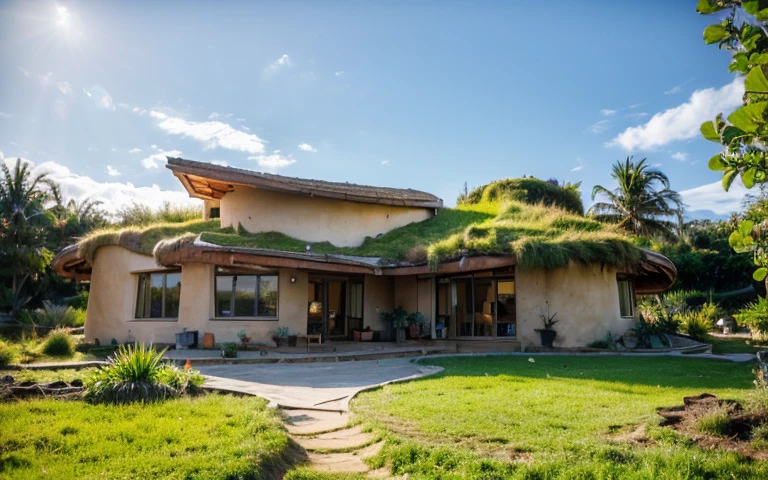 A photograph of a symmetrical contemporary house with (((one hyperbolic paraboloid green roof))) and (((biological pool))) and ((base wall foundation)) in a tropical backyard, mustard yellow terracota plaster walls (((rustic clay stucco))), ((corner walls rounded)), ((rustic clay plaster)), (((terracotta walls with rounded corners, organic curves))), (((rustic earth plaster, mud))), (((hyperbolic-shaped green roof with wooden edge))), (((wooden roof structure, wooden rake, wooden fascia board))), eaves, ((roof with wooden structure)), In Bahia (((tropical garden))), ((natural houses, organic buildings, organic architecture)), ecovillage, sustainable architecture, bioconstruction architecture, solarpunk architecture, (((grass roof, green roof, green wave roof, rounded roof, vegetated roofs))), (((rock base foundation wall, foundation height 30cm, stone base wall 30cm high))), ((green architecture)), passive house, clear sky in the background, painful beauty, modern, imposing, green house, ((Bali hobbit Hadid Style)), super resolution, cinematic, color grading, editorial photography, photography, photo shoot, (((dramatic front eye top angle view))), O 50mm, depth of field, intricate details, natural colors, sharp focus, warm light, shutter speed 1/1000, F/22, White Balance, Ray Trace Reflections, Lumen Reflections, Screen Space Reflections, Diffraction Rating, Chromatic Aberration, GB Shift, Partial Lighting, Backlighting, Daylighting, Scan Lines, ambient occlusion, antialiasing, shaders, OpenGL-Shaders, GLSL-Shaders, Post-processing, post-production, shading, tone mapping, incredibly detailed and complex, hypermaximalist, elegant, hyperrealistic, super detailed, dynamic pose, Fujifilm XT