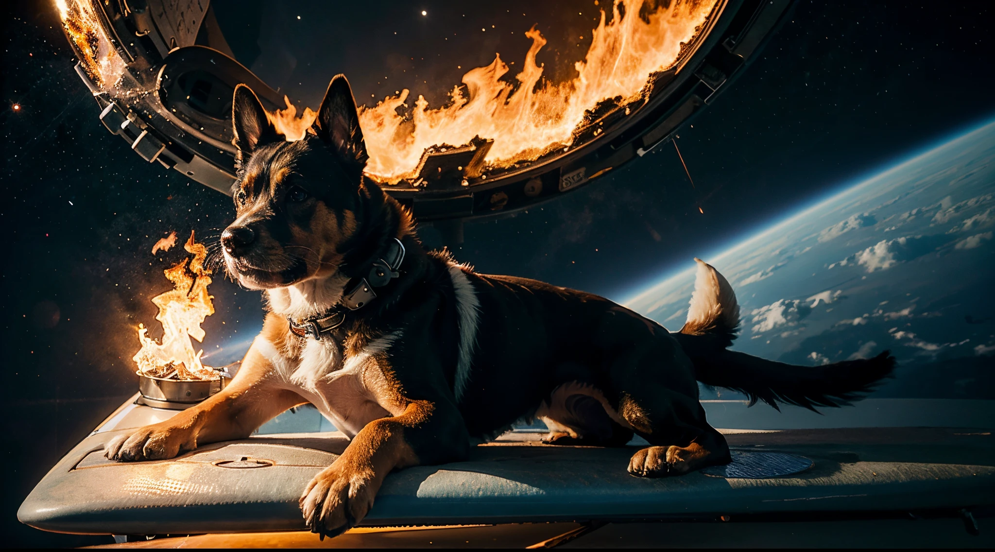 A dog surfing in space with fire around