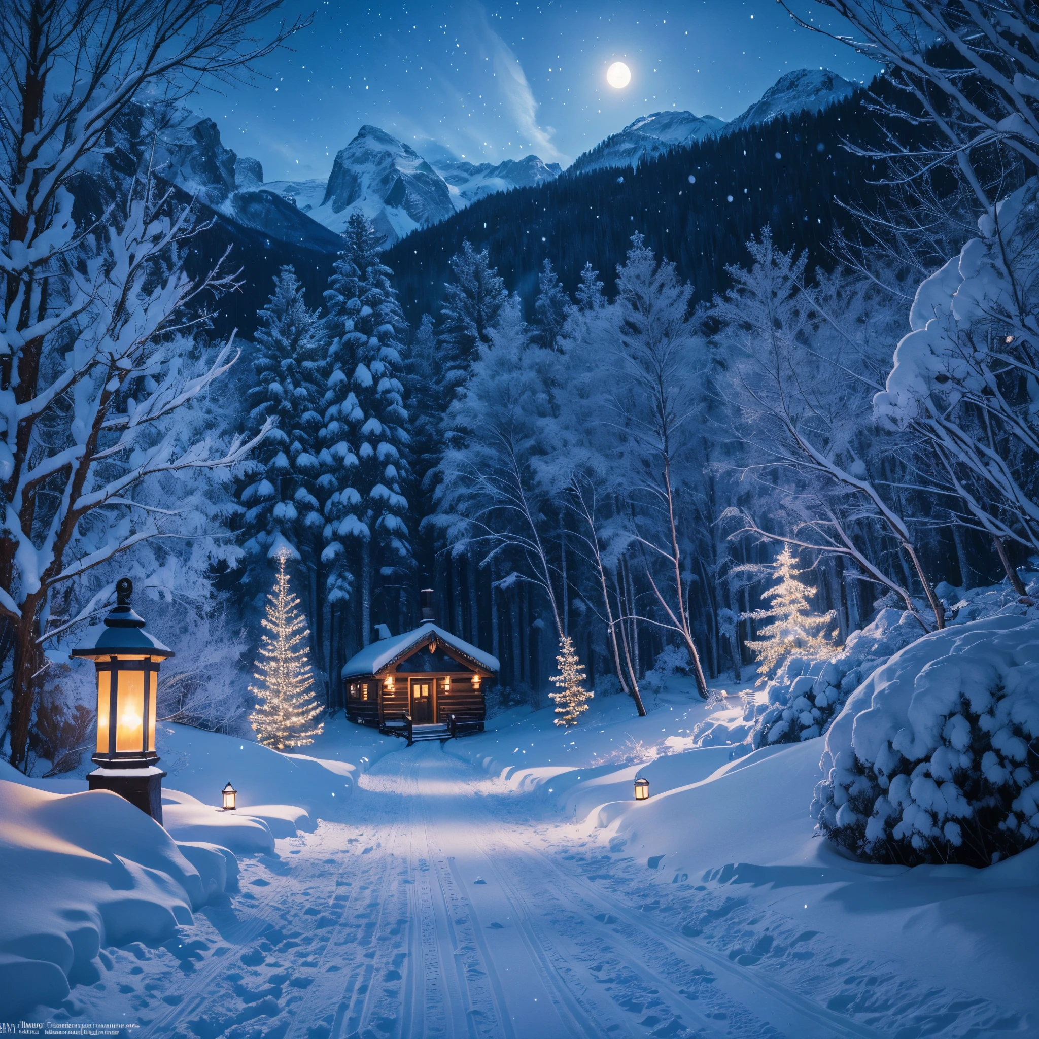 (best quality,4k,8k,highres,masterpiece:1.2),ultra-detailed,(realistic,photorealistic,photo-realistic:1.37),blue glow Christmas forest at night,glowing snow-covered trees,enchanted winter wonderland,starry night sky,festive atmosphere,shimmering ornaments,hushed snowfall,snowflakes glistening in the moonlight,magical ambiance,peaceful silence,sparkling ice crystals,captivating winter landscape,holiday spirit,crisp and chilly air,twinkling fairy lights,carefully placed decorations,deep blue hues,soft shadows and highlights,subtle warm glow from cabins in the distance,cozy and inviting atmosphere,whimsical pathway lined with lanterns,tranquil and serene setting,delicately painted details,ethereal and dreamlike scene,distant sound of sleigh bells,awe-inspiring frozen waterfall,majestic snow-capped mountains,whispering wind carrying the scent of pine,joyful anticipation of Christmas,playful animals hidden in the forest,sublime beauty of nature,gleaming moonlight casting a mystical glow,tranquil stillness of the winter night,breathtaking landscape bathed in a soothing blue light,peace and tranquility of the season,whisper of magic in the air