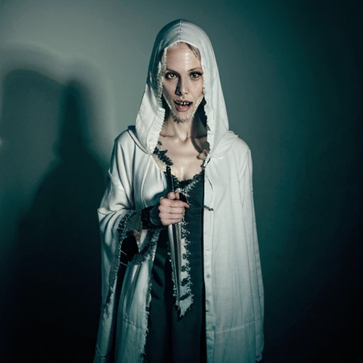Ghost, old woman, witchy, wrinkled face, pale skin, dirty gray hair, Horror ghost, ghost in dress, dark ghost, evil ghost, ghost woman, (Emma Watson), grey dress, sharp teeth, knife in hands, torn clothes, Old dress, Blank black eyes, grey colored hair, sharp teeth, bone neck, Creepy Face, Dark souls, Teeth needles, White Skin Skin, vertebral bones of the neck, ripped clothes, Old clothes, torn rags, ressed in a black and white costume standing in the dark, white scary skin, the reaper as a scary, dark hooded wraith, dark soul concept art, dark souls character, torn fabric, scraps of clothing, Ghost in torn robes, Girl in torn clothes, gray hair, white colored hair, long gray hair, Dead Creepy Face, Teeth are like needles, opened mouth, serrated knives, sharp knives, knives in hand, Phantom knives
