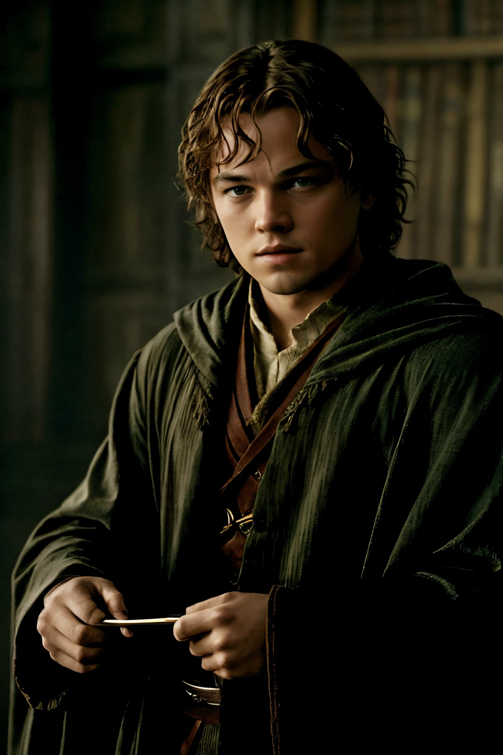 a (a The Lord of the Rings: The Two Towers (2002) scene) of background style by brown. a felix ruined black,arms relaxed at sides pose,(brandishing),orphic,celestial,chasing,soft contrast,celestial,view from below shot,dramatic expressive background,8k,ethereal beauty,(intricately detailed),lightroom,motion blur,((surreal masterpiece)),jaw-dropping,fashion photography,close-up,cinematic quality,