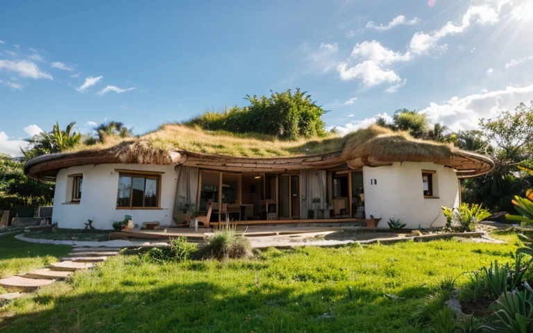 A photograph of a symmetrical contemporary house with (((one hyperbolic paraboloid green roof))) and (((biological pool))) and ((base wall foundation)) in a tropical backyard, mustard yellow terracota plaster walls (((rustic clay stucco))), ((corner walls rounded)), ((rustic clay plaster)), (((terracotta walls with rounded corners, organic curves))), (((rustic earth plaster, mud))), (((hyperbolic-shaped green roof with wooden edge))), (((wooden roof structure, wooden rake, wooden fascia board))), eaves, ((roof with wooden structure)), In Bahia (((tropical garden))), ((natural houses, organic buildings, organic architecture)), ecovillage, sustainable architecture, bioconstruction architecture, solarpunk architecture, (((grass roof, green roof, green wave roof, rounded roof, vegetated roofs))), (((rock base foundation wall, foundation height 30cm, stone base wall 30cm high))), ((green architecture)), passive house, clear sky in the background, painful beauty, modern, imposing, green house, ((Bali hobbit Hadid Style)), super resolution, cinematic, color grading, editorial photography, photography, photo shoot, (((dramatic front eye top angle view))), O 50mm, depth of field, intricate details, natural colors, sharp focus, warm light, shutter speed 1/1000, F/22, White Balance, Ray Trace Reflections, Lumen Reflections, Screen Space Reflections, Diffraction Rating, Chromatic Aberration, GB Shift, Partial Lighting, Backlighting, Daylighting, Scan Lines, ambient occlusion, antialiasing, shaders, OpenGL-Shaders, GLSL-Shaders, Post-processing, post-production, shading, tone mapping, incredibly detailed and complex, hypermaximalist, elegant, hyperrealistic, super detailed, dynamic pose, Fujifilm XT