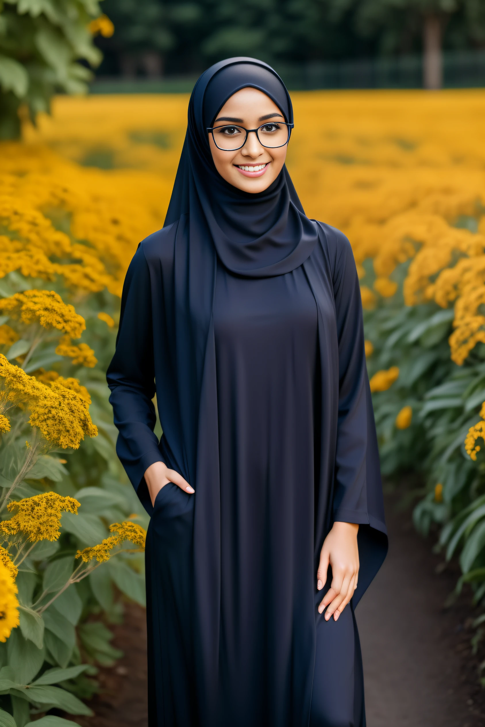 full body image of ultra realistic,16k, enhanced quality, perfect face, perfect hands, perfect body, ultra detailed, perfect hair, girl wearing glasses, perfect glasses, perfect smile, ultra realistic, ultra realistic background, full body image, posing for photo in flower garden, girl wearing perfect hijab,full body shooting, ultra realistic particles, perfect duck lips, full body shooting, Islamic hijab,