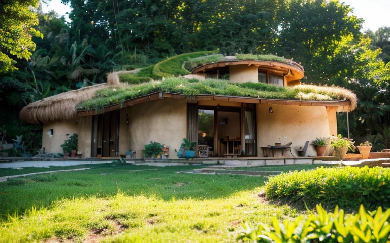 A photograph of a symmetrical contemporary house with (((one hyperbolic paraboloid green roof))) and (((biological pool))) and ((base wall foundation)) in a tropical backyard, with high roof and long eaves, mustard yellow terracota plaster walls (((rustic clay stucco))), ((corner walls rounded)), ((rustic clay plaster)), (((terracotta walls with rounded corners, organic curves))), (((rustic earth plaster, mud))), (((hyperbolic-shaped green roof with wooden edge))), (((wooden roof structure, wooden rake, wooden fascia board))), eaves, ((roof with wooden structure)), In Bahia (((tropical garden))), ((natural houses, organic buildings, organic architecture)), ecovillage, sustainable architecture, bioconstruction architecture, solarpunk architecture, (((grass roof, green roof, green wave roof, rounded roof, vegetated roofs))), (((rock base foundation wall, foundation height 30cm, stone base wall 30cm high))), ((green architecture)), passive house, clear sky in the background, painful beauty, modern, imposing, green house, ((Bali hobbit Hadid Style)), super resolution, cinematic, color grading, editorial photography, photography, photo shoot, (((dramatic front eye top angle view))), O 50mm, depth of field, intricate details, natural colors, sharp focus, warm light, shutter speed 1/1000, F/22, White Balance, Ray Trace Reflections, Lumen Reflections, Screen Space Reflections, Diffraction Rating, Chromatic Aberration, GB Shift, Partial Lighting, Backlighting, Daylighting, Scan Lines, ambient occlusion, antialiasing, shaders, OpenGL-Shaders, GLSL-Shaders, Post-processing, post-production, shading, tone mapping, incredibly detailed and complex, hypermaximalist, elegant, hyperrealistic, super detailed, dynamic pose, Fujifilm XT