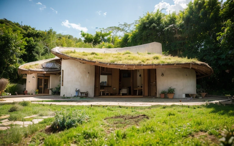 A photograph of a symmetrical contemporary house with (((one hyperbolic paraboloid green roof))) and (((biological pool))) and ((base wall foundation)) in a tropical backyard, with high roof and long eaves, mustard yellow terracota plaster walls (((rustic clay stucco))), ((corner walls rounded)), ((rustic clay plaster)), (((terracotta walls with rounded corners, organic curves))), (((rustic earth plaster, mud))), (((hyperbolic-shaped green roof with wooden edge))), (((wooden roof structure, wooden rake, wooden fascia board))), eaves, ((roof with wooden structure)), In Bahia (((tropical garden))), ((natural houses, organic buildings, organic architecture)), ecovillage, sustainable architecture, bioconstruction architecture, solarpunk architecture, (((grass roof, green roof, green wave roof, rounded roof, vegetated roofs))), (((rock base foundation wall, foundation height 30cm, stone base wall 30cm high))), ((green architecture)), passive house, clear sky in the background, painful beauty, modern, imposing, green house, ((Bali hobbit Hadid Style)), super resolution, cinematic, color grading, editorial photography, photography, photo shoot, (((dramatic front eye top angle view))), O 50mm, depth of field, intricate details, natural colors, sharp focus, warm light, shutter speed 1/1000, F/22, White Balance, Ray Trace Reflections, Lumen Reflections, Screen Space Reflections, Diffraction Rating, Chromatic Aberration, GB Shift, Partial Lighting, Backlighting, Daylighting, Scan Lines, ambient occlusion, antialiasing, shaders, OpenGL-Shaders, GLSL-Shaders, Post-processing, post-production, shading, tone mapping, incredibly detailed and complex, hypermaximalist, elegant, hyperrealistic, super detailed, dynamic pose, Fujifilm XT