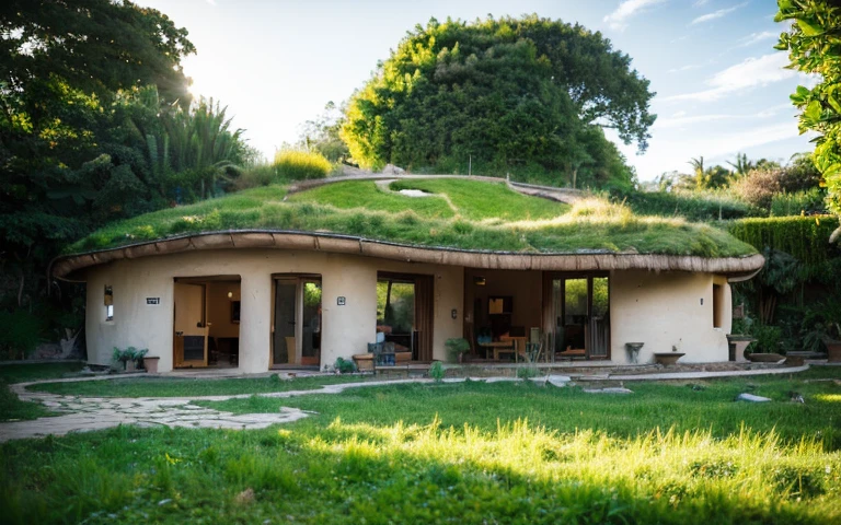 A photograph of a symmetrical contemporary house with (((one hyperbolic paraboloid green roof))) and (((biological pool))) and ((base wall foundation)) in a tropical backyard, with high roof and long eaves, mustard yellow terracota plaster walls (((rustic clay stucco))), ((corner walls rounded)), ((rustic clay plaster)), (((terracotta walls with rounded corners, organic curves))), (((rustic earth plaster, mud))), (((hyperbolic-shaped green roof with wooden edge))), (((wooden roof structure, wooden rake, wooden fascia board))), eaves, ((roof with wooden structure)), In Bahia (((tropical garden))), ((natural houses, organic buildings, organic architecture)), ecovillage, sustainable architecture, bioconstruction architecture, solarpunk architecture, (((grass roof, green roof, green wave roof, rounded roof, vegetated roofs))), (((rock base foundation wall, foundation height 30cm, stone base wall 30cm high))), ((green architecture)), passive house, clear sky in the background, painful beauty, modern, imposing, green house, ((Bali hobbit Hadid Style)), super resolution, cinematic, color grading, editorial photography, photography, photo shoot, (((dramatic front eye top angle view))), O 50mm, depth of field, intricate details, natural colors, sharp focus, warm light, shutter speed 1/1000, F/22, White Balance, Ray Trace Reflections, Lumen Reflections, Screen Space Reflections, Diffraction Rating, Chromatic Aberration, GB Shift, Partial Lighting, Backlighting, Daylighting, Scan Lines, ambient occlusion, antialiasing, shaders, OpenGL-Shaders, GLSL-Shaders, Post-processing, post-production, shading, tone mapping, incredibly detailed and complex, hypermaximalist, elegant, hyperrealistic, super detailed, dynamic pose, Fujifilm XT