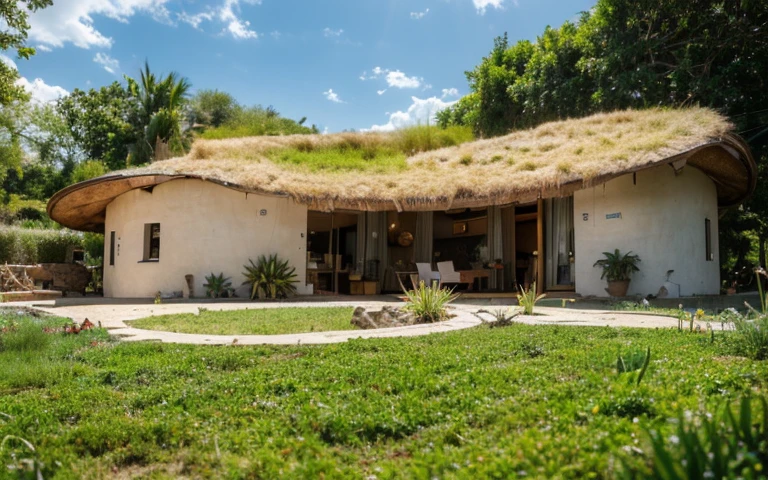 A photograph of a symmetrical contemporary house with (((one hyperbolic paraboloid green roof))) and (((biological pool))) and ((base wall foundation)) in a tropical backyard, with high roof and long eaves, mustard yellow terracota plaster walls (((rustic clay stucco))), ((corner walls rounded)), ((rustic clay plaster)), (((terracotta walls with rounded corners, organic curves))), (((rustic earth plaster, mud))), (((hyperbolic-shaped green roof with wooden edge))), (((wooden roof structure, wooden rake, wooden fascia board))), eaves, ((roof with wooden structure)), In Bahia (((tropical garden))), ((natural houses, organic buildings, organic architecture)), ecovillage, sustainable architecture, bioconstruction architecture, solarpunk architecture, (((grass roof, green roof, green wave roof, rounded roof, vegetated roofs))), (((rock base foundation wall, foundation height 30cm, stone base wall 30cm high))), ((green architecture)), passive house, clear sky in the background, painful beauty, modern, imposing, green house, ((Bali hobbit Hadid Style)), super resolution, cinematic, color grading, editorial photography, photography, photo shoot, (((dramatic front eye top angle view))), O 50mm, depth of field, intricate details, natural colors, sharp focus, warm light, shutter speed 1/1000, F/22, White Balance, Ray Trace Reflections, Lumen Reflections, Screen Space Reflections, Diffraction Rating, Chromatic Aberration, GB Shift, Partial Lighting, Backlighting, Daylighting, Scan Lines, ambient occlusion, antialiasing, shaders, OpenGL-Shaders, GLSL-Shaders, Post-processing, post-production, shading, tone mapping, incredibly detailed and complex, hypermaximalist, elegant, hyperrealistic, super detailed, dynamic pose, Fujifilm XT