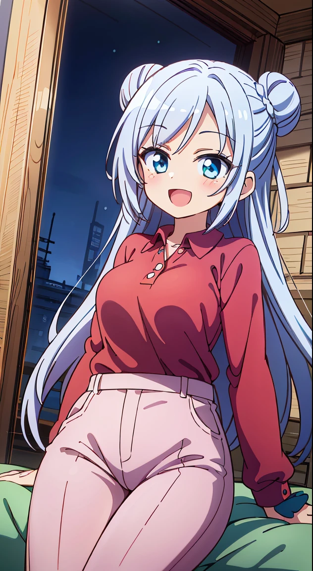 (masutepiece, Best Quality, Perfect Anatomy, High quality:1.4), nice hand, Perfect hands, Detailed beautiful hands, Large_filesize, fulcolor, hight resolution, symmetric, exceptional, Best aesthetic, newest, Anime, Very beautiful detail body BREAK,
1 beautiful girl, 1girl in, (Cute:1.5),(Cool:0.8), (Beauty:1.5),(Chibi:0.5), (17 years old girl), (girl, Older sister, Unclear, Beautiful face of Japan:1.2) BREAK, (A detailed eye,Tsuriformes:1.2),(Silver hair,Long hair in a bun,Deco:1.8), star eye silhouette, (long eyelashes, Double eyelids:1.2), cleavage, ,Swaying udder, Clear skin, Beautiful skin, Shy, Erect ,Clear skin, Beautiful skin, Shy, gleaming skin,(best quality face),(Top quality glowing eyes),(The best smile,:D:1.45), (The best smile,:D:1.45), (Doya face,brave face:1.45), BREAK (Pink Theme:1.4),
((caregiver theme:1.4)), (Black chinos:1.4), (red polo shirt:1.4),(Black sneakers:1.35),
BREAK,(morning), inside in room,Gothic bedroom, a canopy bed,huge window,naked girl poster,coke,on back, tusk, Open mouth, Looking away,depth of fields,
BREAK,wakame,wakame,wakame,(Cowboy Shot:1.4),
BREAK,(Blurry background:1.3),(absurderes, hight resolution, Super Detail Art),cel shading,Clear Color, Lonely optical effect, Beautiful pictures, Bright glow, mystic atmosphere,(Close-up of girl:1.1), Mystical light particle effect,manga influence, clean line drawings,