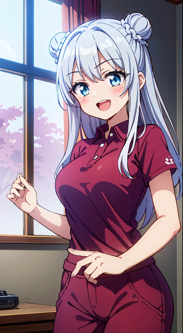 (masutepiece, Best Quality, Perfect Anatomy, High quality:1.4), nice hand, Perfect hands, Detailed beautiful hands, Large_filesize, fulcolor, hight resolution, symmetric, exceptional, Best aesthetic, newest, Anime, Very beautiful detail body BREAK,
1 beautiful girl, 1girl in, (Cute:1.5),(Cool:0.8), (Beauty:1.5),(Chibi:0.5), ( girl), (girl, Older sister, Unclear, Beautiful face of Japan:1.2) BREAK, (A detailed eye,Tsuriformes:1.2),(Silver hair,Long hair in a bun,Deco:1.8), star eye silhouette, (long eyelashes, Double eyelids:1.2), cleavage, ,Swaying udder, Clear skin, Beautiful skin, Shy, Erect ,Clear skin, Beautiful skin, Shy, gleaming skin,(best quality face),(Top quality glowing eyes),(The best smile,:D:1.45), (The best smile,:D:1.45), (Doya face,brave face:1.45), BREAK (Pink Theme:1.4),
((caregiver theme:1.4)), (Black chinos:1.4), (red polo shirt:1.4),(Black sneakers:1.35),
BREAK,(morning), inside in room,Gothic bedroom, a canopy bed,huge window,naked girl poster,coke,on back, tusk, Open mouth, Looking away,depth of fields,
BREAK,wakame,wakame,wakame,(Cowboy Shot:1.4),
BREAK,(Blurry background:1.3),(absurderes, hight resolution, Super Detail Art),cel shading,Clear Color, Lonely optical effect, Beautiful pictures, Bright glow, mystic atmosphere,(Close-up of girl:1.1), Mystical light particle effect,manga influence, clean line drawings,