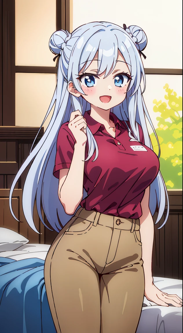 (masutepiece, Best Quality, Perfect Anatomy, High quality:1.4), nice hand, Perfect hands, Detailed beautiful hands, Large_filesize, fulcolor, hight resolution, symmetric, exceptional, Best aesthetic, newest, Anime, Very beautiful detail body BREAK,
1 beautiful girl, 1girl in, (Cute:1.5),(Cool:0.8), (Beauty:1.5),(Chibi:0.5), ( years old girl), (girl, Older sister, Unclear, Beautiful face of Japan:1.2) BREAK, (A detailed eye,Tsuriformes:1.2),(Silver hair,Long hair in a bun,Deco:1.8), star eye silhouette, (long eyelashes, Double eyelids:1.2), cleavage, ,Swaying udder, Clear skin, Beautiful skin, Shy, Erect ,Clear skin, Beautiful skin, Shy, gleaming skin,(best quality face),(Top quality glowing eyes),(The best smile,:D:1.45), (The best smile,:D:1.45), (Doya face,brave face:1.45), BREAK (Pink Theme:1.4),
((caregiver theme:1.4)), (Black chinos:1.4), (red polo shirt:1.4),(Black sneakers:1.35),
BREAK,(morning), inside in room,Gothic bedroom, a canopy bed,huge window,naked girl poster,coke,on back, tusk, Open mouth, Looking away,depth of fields,
BREAK,wakame,wakame,wakame,(Cowboy Shot:1.4),
BREAK,(Blurry background:1.3),(absurderes, hight resolution, Super Detail Art),cel shading,Clear Color, Lonely optical effect, Beautiful pictures, Bright glow, mystic atmosphere,(Close-up of girl:1.1), Mystical light particle effect,manga influence, clean line drawings,