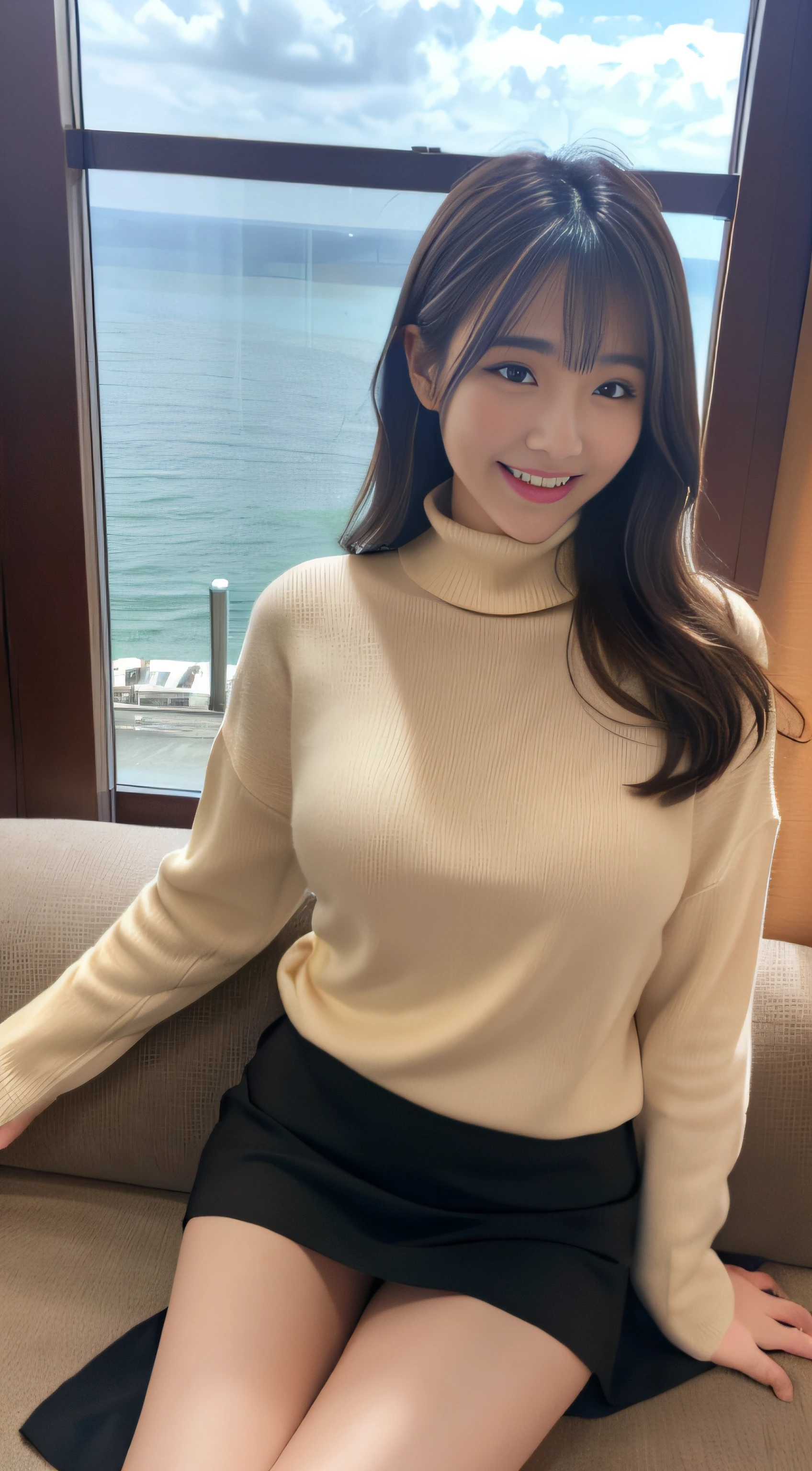 top-quality、Top image quality、​masterpiece、fully body photo、25 years old women、dark brown medium wavy hair、bangss、Beige turtleneck sweater、long flare skirt long boots、Black stockings、Big breasts,、laying on a couch、((Open knees、Open both knees、Lifting the skirt with your hands、Show panties))、Light blue panties are visible、((Puffy nipple))、soft boob、、Kamimei、 Shy laughter、Hotel room with sea view