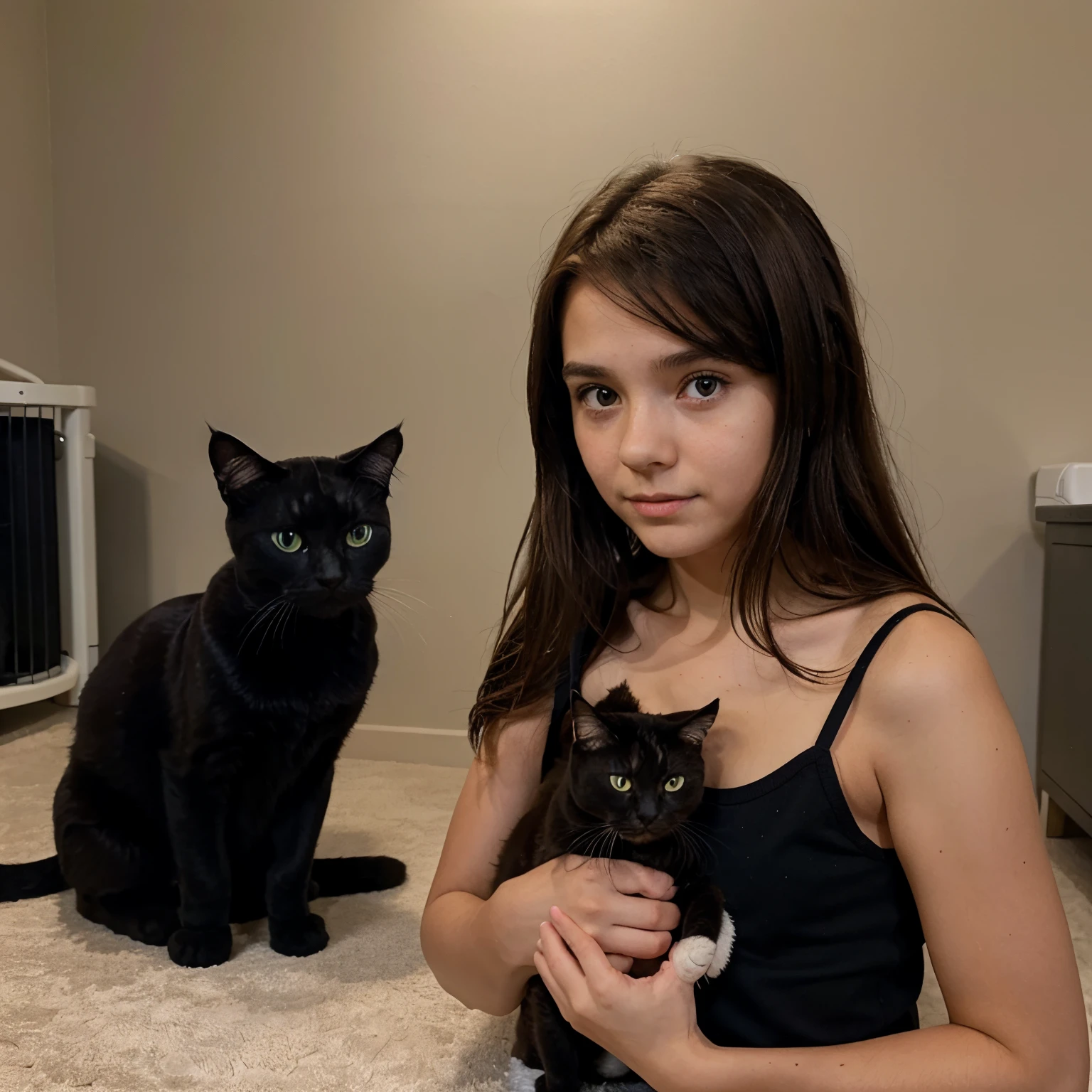 12 year old girl with brown hair adopting a small black cat from the shelter