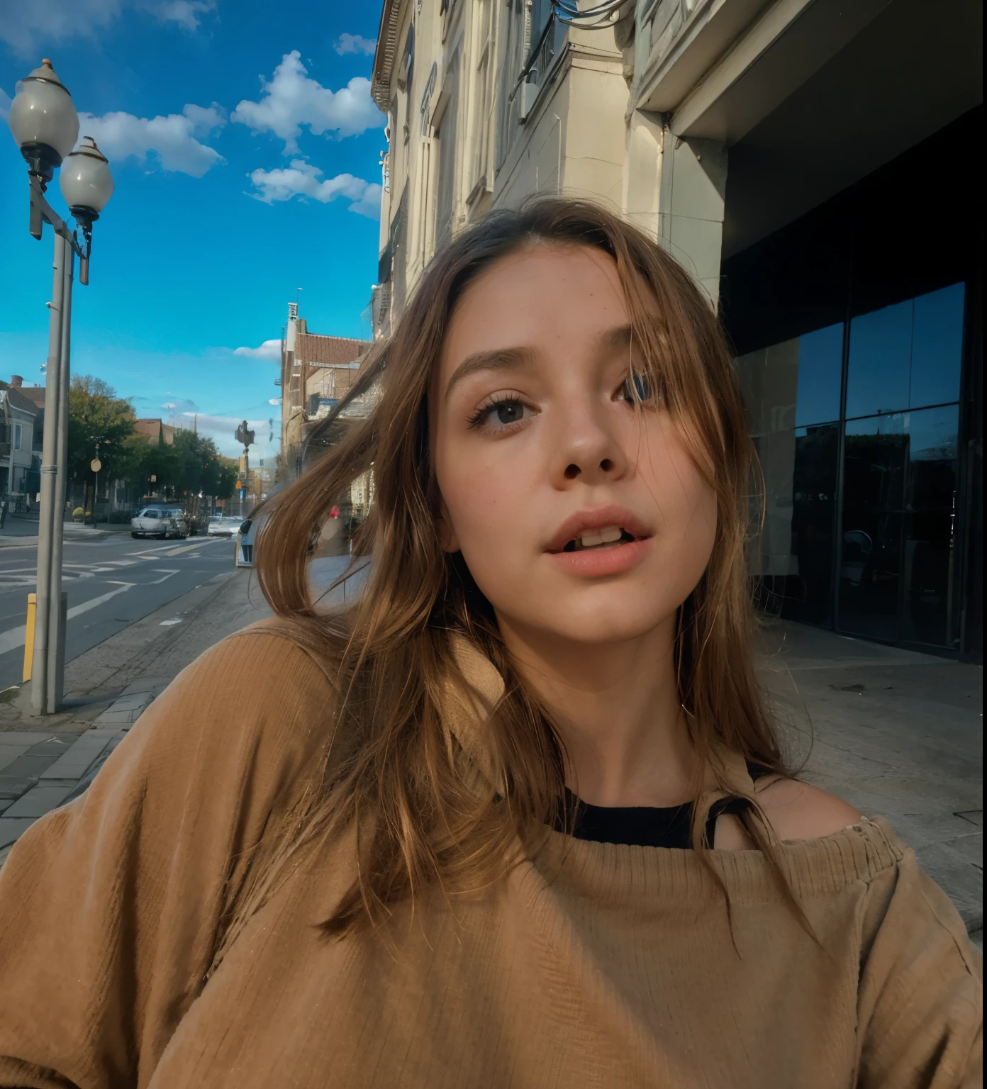 pinhole photography photo of a beautiful young woman, while She giving a blowjob ,wide-eyed, off-the-shoulder sweater with high-waisted corduroy pants, head shot, under bounced lighting, dutch angle, shot on a Velvia 100