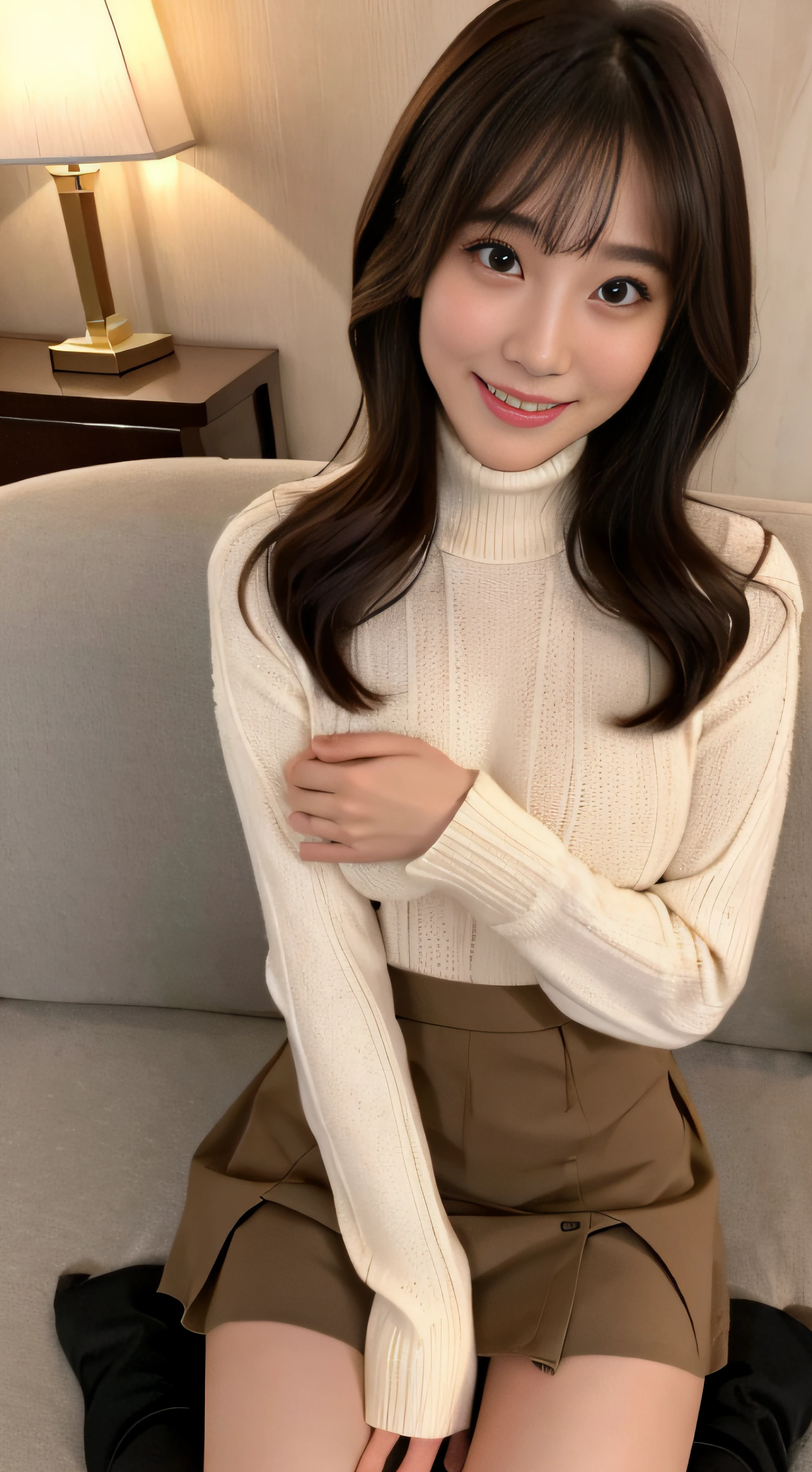 top-quality、Top image quality、masterpiece、fully body photo、25 years old women、dark brown medium wavy hair、bangss、Beige turtleneck sweater、long flare skirt long boots、Black stockings、Big breasts,、laying on a couch、((Open knees、Open both knees、Lifting the skirt with your hands、Show panties))、Pink panties are visible、((Puffy nipple))、soft boob、、Kamimei、 Shy laughter、Hotel room with sea view