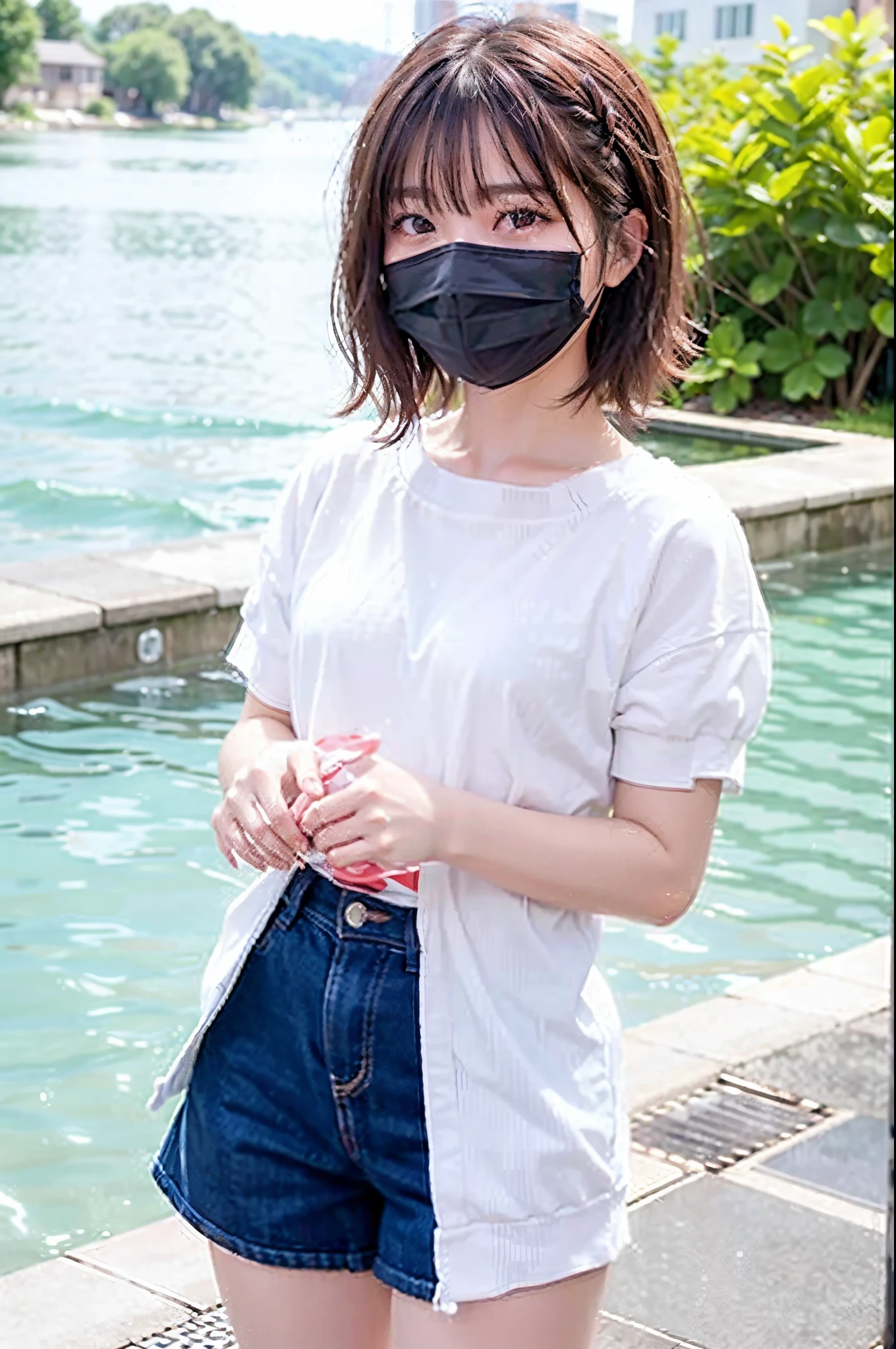 (top-quality、16K resolution)女の子1人、独奏、natural soft light、A Japanese Lady、Looking at the camera、swim wears、Concrete background、Facing the front、is standing、bobhair、Woman in her late teens、Light bangs、Salon model、Natural look、portlate、floated hair、Rolled hair