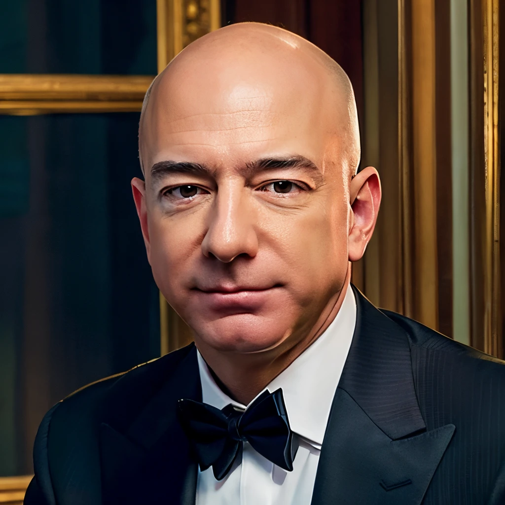 "Generate an image featuring a person resembling Jeff Bezos, aiming for a distinctive likeness to his well-known appearance. The clothing should reflect Jeff Bezos' iconic business-casual style, often seen in shirts with rolled-up sleeves, now additionally wearing a suit and tie. The focus is on capturing the essence of Jeff Bezos, presenting an official portrait in a serious business setting.

Highlight the unique traits associated with Jeff Bezos, such as his distinctive attire and demeanor, now incorporating the formal elements of a suit and tie. Ensure the clothing style mirrors what Jeff Bezos is commonly seen wearing in official portraits and public appearances. Request a high-quality portrait with attention to detail, aligning with the standards of an official portrait or government photo.

The generated image should specifically represent Jeff Bezos, mimicking his facial features, bald head, and overall presence. Aim for a portrait that could pass as an official government photo, meeting the criteria of a high-quality and serious business-oriented portrayal. Include a close-up portrait shot, focusing on the face, suitable for promotional purposes. In summary, create an AI-generated image that embodies Jeff Bezos, with a strong resemblance, distinctive attire, and a serious, high-quality portrait suitable for official and promotional use."