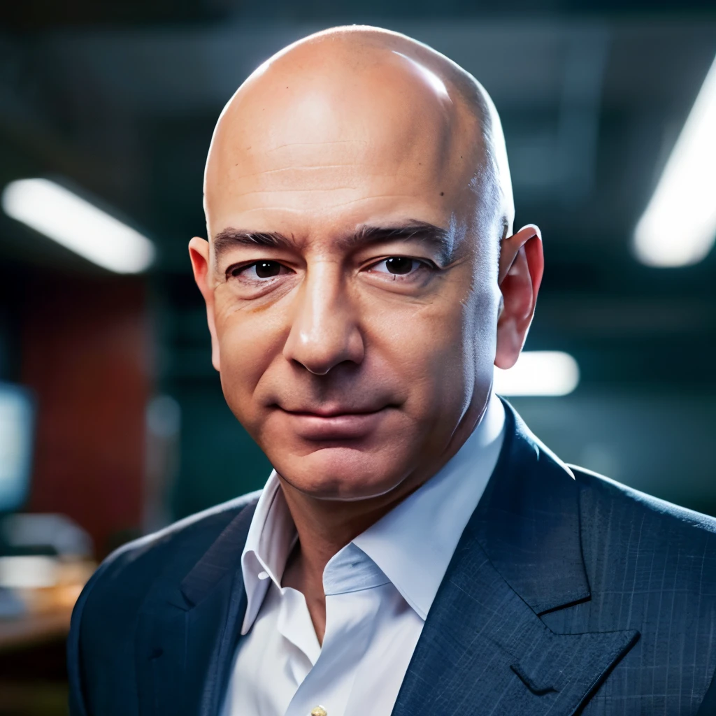 "Generate an image featuring a person resembling Jeff Bezos, aiming for a distinctive likeness to his well-known appearance. The clothing should reflect Jeff Bezos' iconic attire, known for his business-casual style often seen in shirts with rolled-up sleeves. The focus is on capturing the essence of Jeff Bezos, presenting an official portrait in a serious business setting.
Highlight the unique traits associated with Jeff Bezos, such as his distinctive attire and demeanor. Ensure the clothing style mirrors what Jeff Bezos is commonly seen wearing in official portraits and public appearances. Request a high-quality portrait with attention to detail, aligning with the standards of an official portrait or government photo.
The generated image should specifically represent Jeff Bezos, mimicking his facial features, bald head, and overall presence. Aim for a portrait that could pass as an official government photo, meeting the criteria of a high-quality and serious business-oriented portrayal. Include a close-up portrait shot, focusing on the face, suitable for promotional purposes.
In summary, create an AI-generated image that embodies Jeff Bezos, with a strong resemblance, distinctive attire, and a serious, high-quality portrait suitable for official and promotional use."