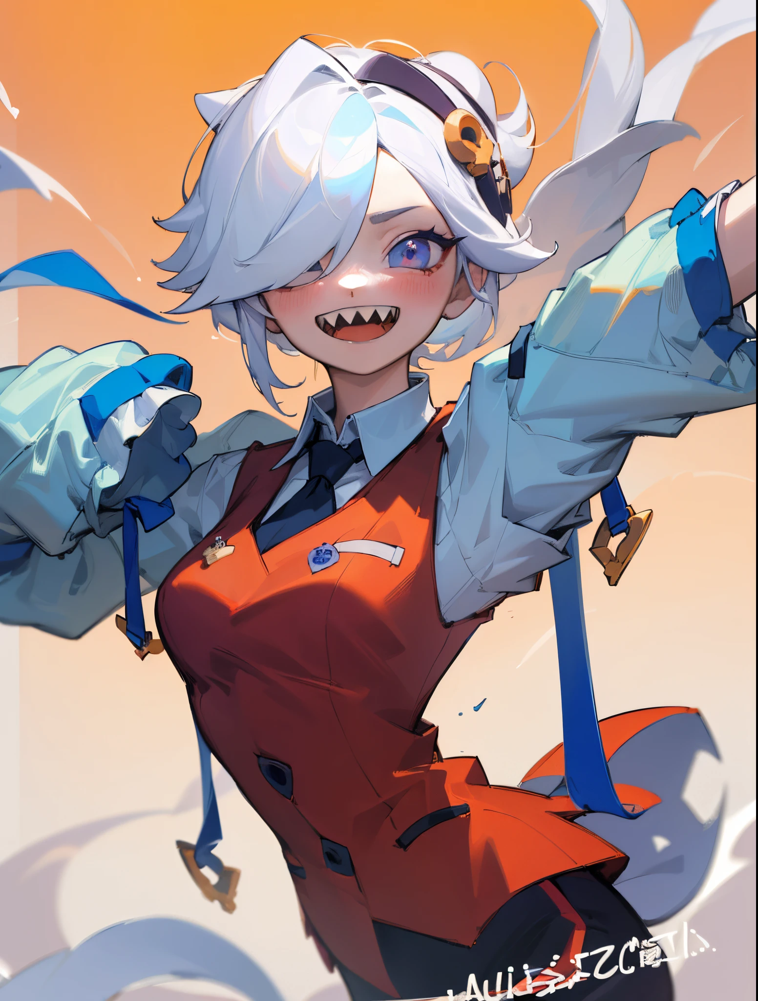 (masterpiece, best quality:1.2), solo, 1girl, colette, sharp teeth, \:d, looking at viewer, incoming hug, white hair, two-tone collared shirt, red vest, sleeves past wrists