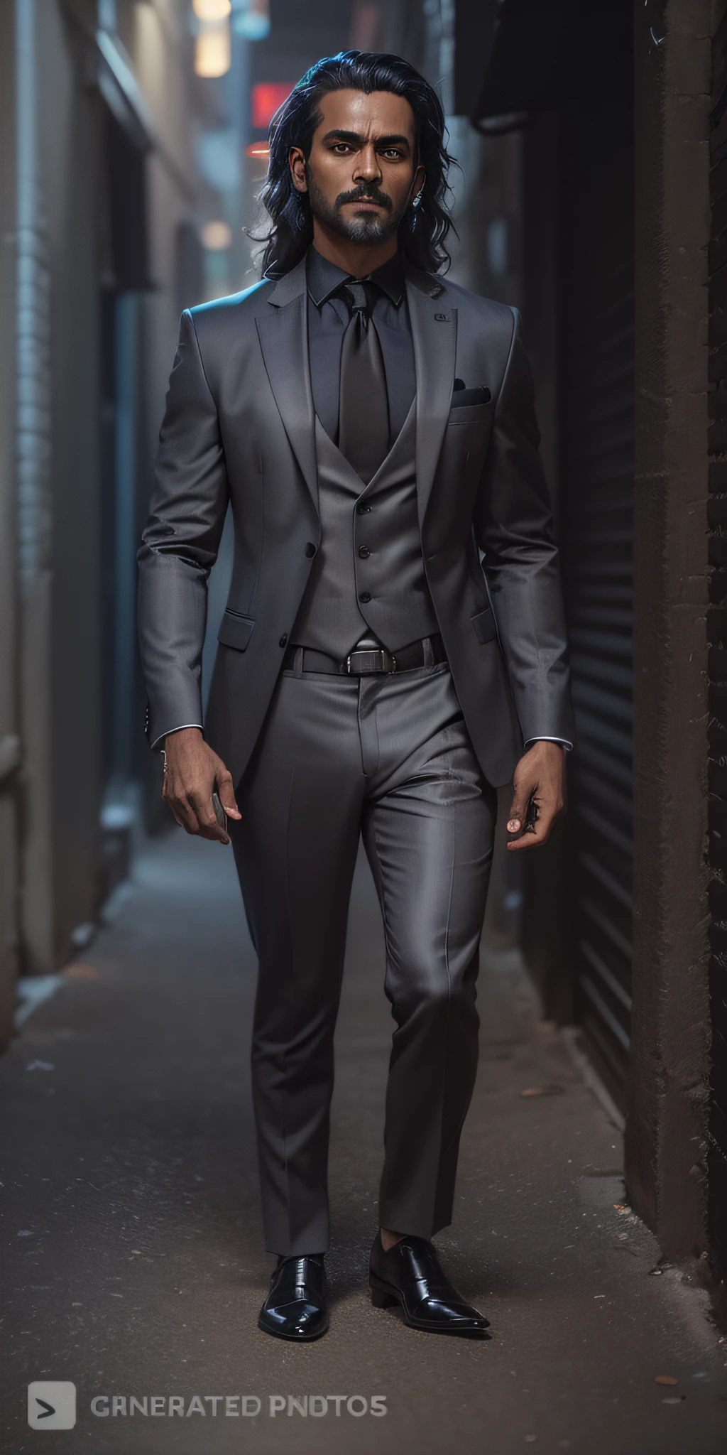 cyberpunk, indian man in a suit and tie standing in a narrow alleyway, 3-piece-suit, three piece suit, wearing dark grey suit, wearing black grey suit, wearing a stylish men's suit, tan suit, grey suit, grey pants and black dress shoes, stylish suit, with a business suit on, handsome and elegant, wearing suit, wearing a suits