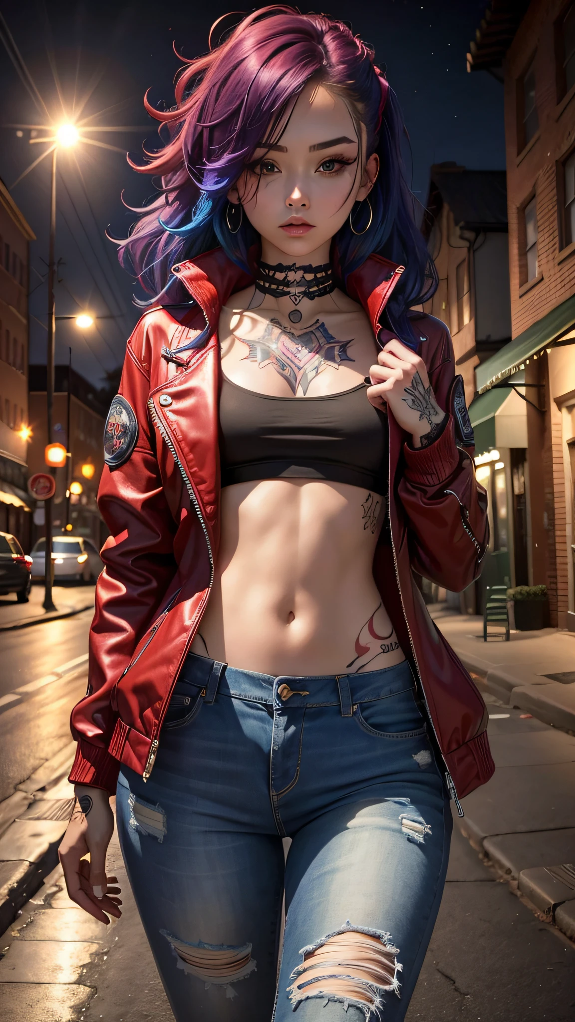 (masterpiece, best quality), 1girl, emo, beautiful hair, colorful hair, red jacket, jeans, magical tattoos, perfect night, moonlight, street