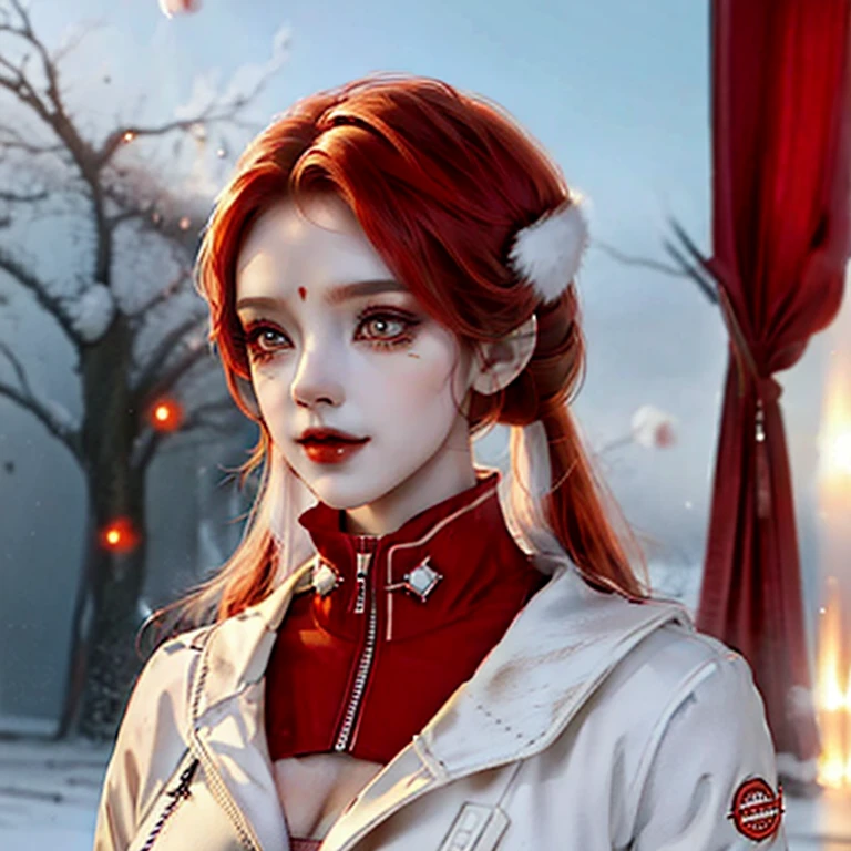 Hot demon girl with 2 white horns and red hair with a short winter jacket and winter bra on