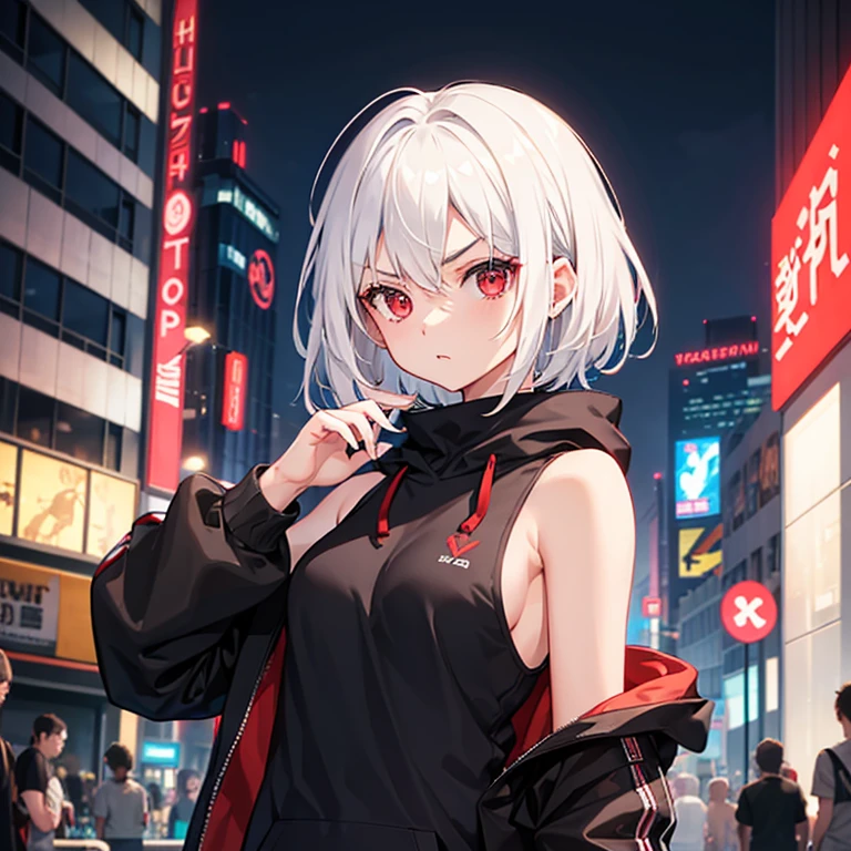 1girl, short white hair, red eyes, looking at viewer, wearing black hoodie, tank top, angry, citylife, night, upper body, shoulders exposed, ultrasharp, high quality, 8k, masterpiece
