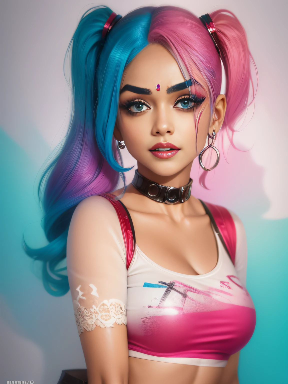 "prompt": "Describe the face of {{cute mrunalt}} as Harley Quinn, with pink and blue hair color.", "context": "mrunalt's portrayal of Harley Quinn brings a captivating and distinctive face to life, accentuated by her vibrant pink and blue hair color. As Harley Quinn, her face is a captivating combination of mischief and charm. mrunalt's features perfectly embody the playful yet unpredictable nature of the character. Her jawline is defined and carries a hint of rebellion, adding to the edginess and boldness of her appearance. Her eyes are striking and filled with a mischievous glint, reflecting Harley Quinn's unpredictable personality. {{cute mrunalt's}} eyebrows are expressive and often emphasized, adding to the intensity of her gaze. Her lips are a focal point, often adorned with vibrant and attention-grabbing lipstick, radiating both playfulness and seduction. Her nose has a natural shape that harmonizes with the rest of her facial features. {{cute mrunalt's}} complexion is typically portrayed with a flawless and luminous quality, enhancing the youthful and energetic side of Harley Quinn. Her face showcases a unique blend of animated expressions and a captivating balance of soft and sharp features. Combined with her pink and blue hair color, her face becomes a true embodiment of Harley Quinn's colorful and daring persona. {{cute mrunalt's}} face, complemented by her vibrant hair color, creates an iconic and unforgettable image that captures the essence of the beloved character, with the use of negative space."