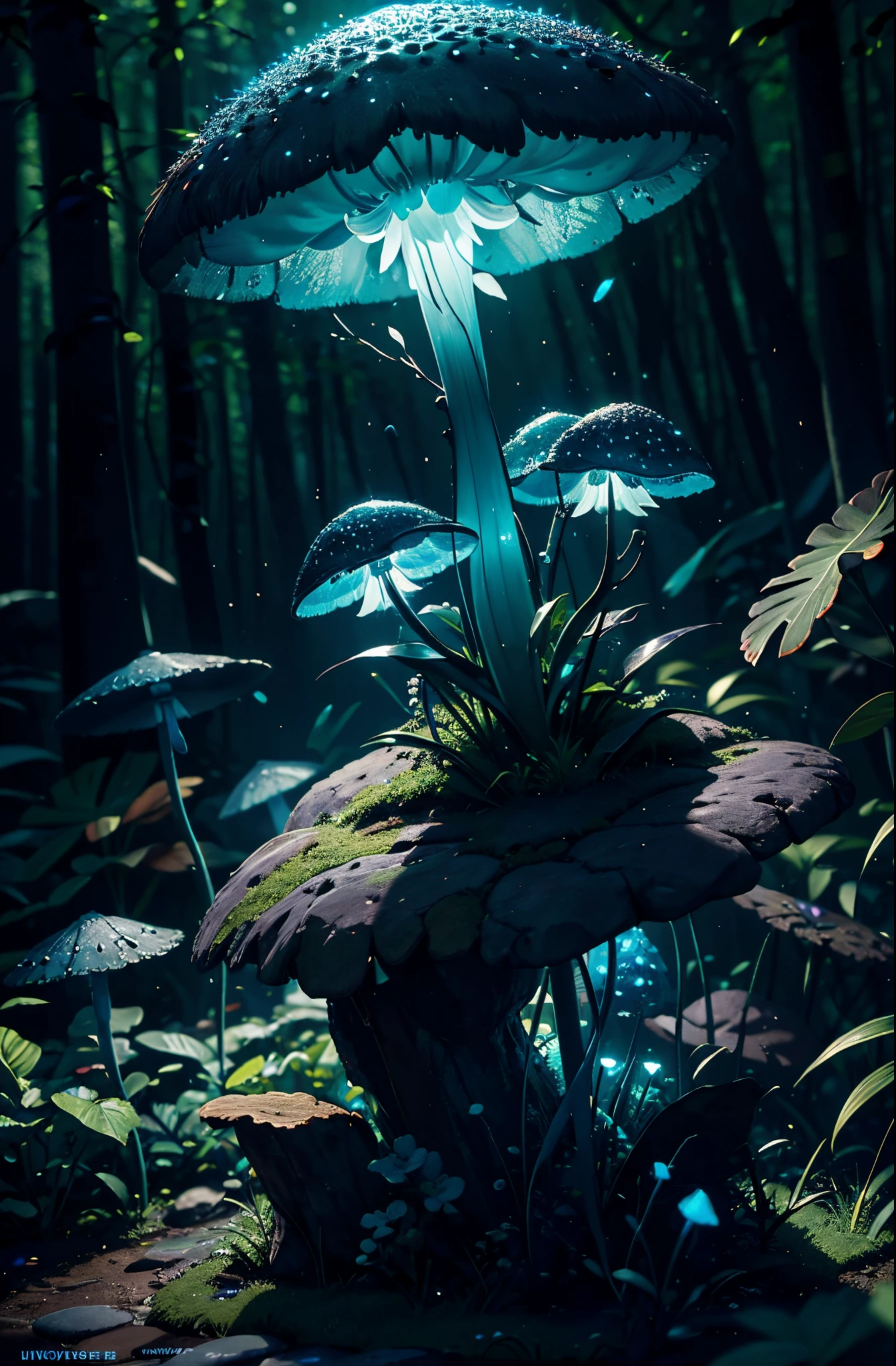 bioluminescent mushroom, bokeh, raytracing, realistic textured skin, particle effects, depth of field, beautiful figure painting, bright light, amazing composition, HDR, volumetric lighting, ultra quality, elegant, highly detailed, masterpiece, best quality, high resolution,